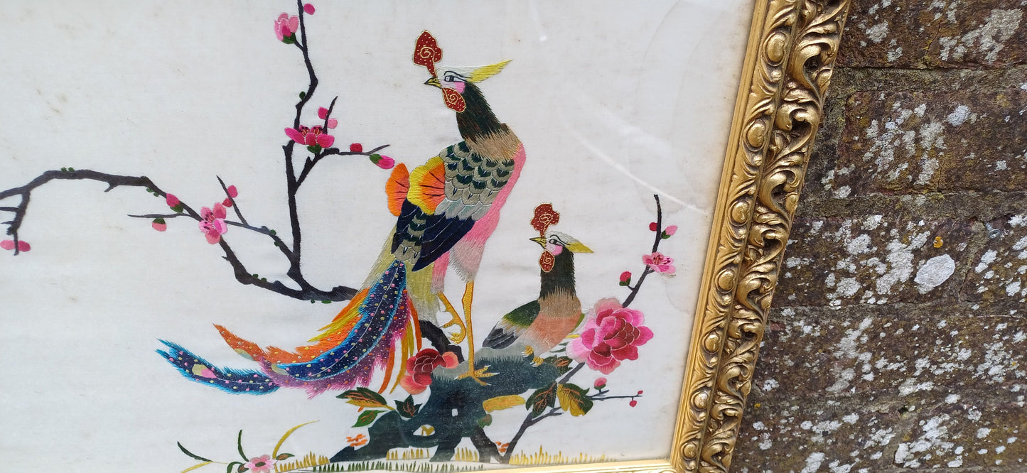 Outstanding Colourful Pair of Vintage Bird of Paradise Embroidery Pictures in Ornate Gold Frames.