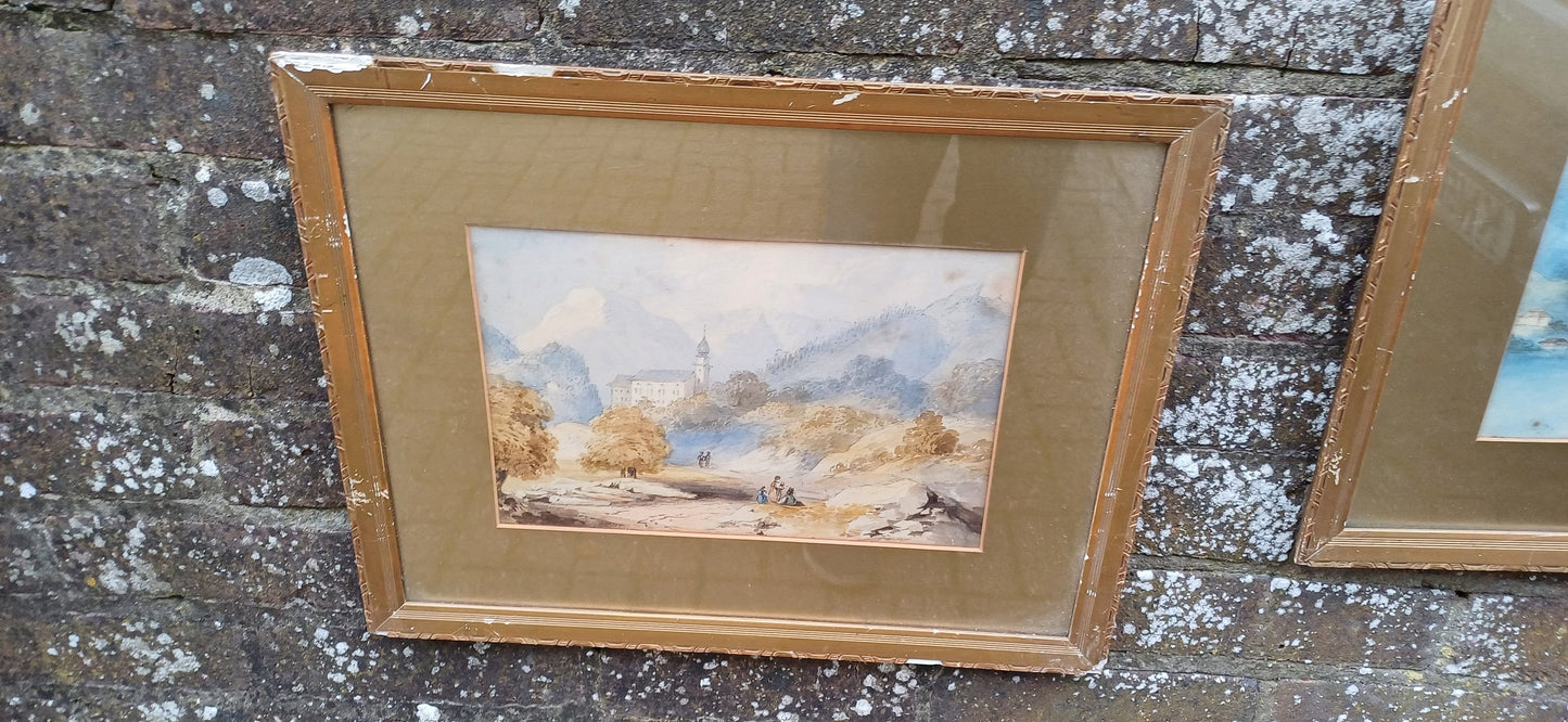 Two lovely vintage watercolours Austria & Switzerland, vintage gold mounts and gilt frames, vintage art, Convent Pfeffers, Hallstadter See