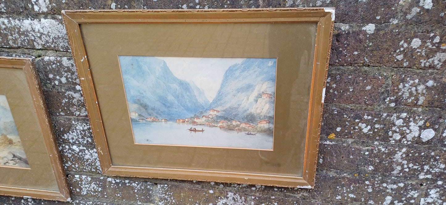 Two lovely vintage watercolours Austria & Switzerland, vintage gold mounts and gilt frames, vintage art, Convent Pfeffers, Hallstadter See
