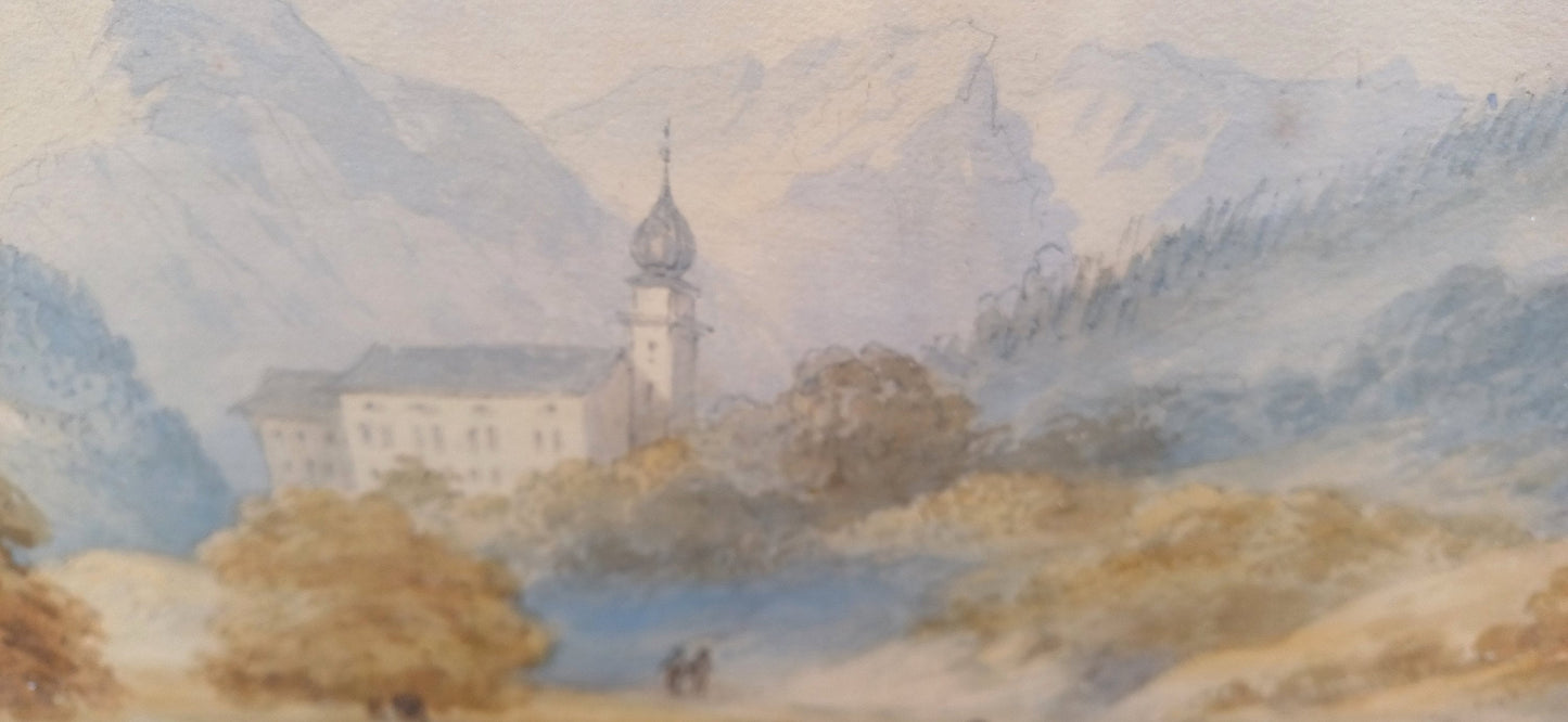 Two lovely vintage watercolours Austria & Switzerland, vintage gold mounts and gilt frames, vintage art, Convent Pfeffers, Hallstadter See