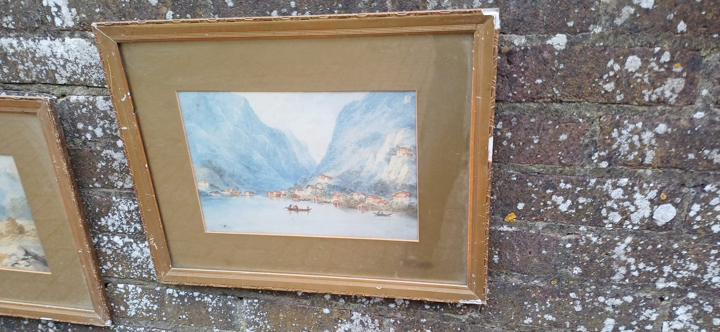 Two lovely vintage watercolours Austria & Switzerland, vintage gold mounts and gilt frames, vintage art, Convent Pfeffers, Hallstadter See