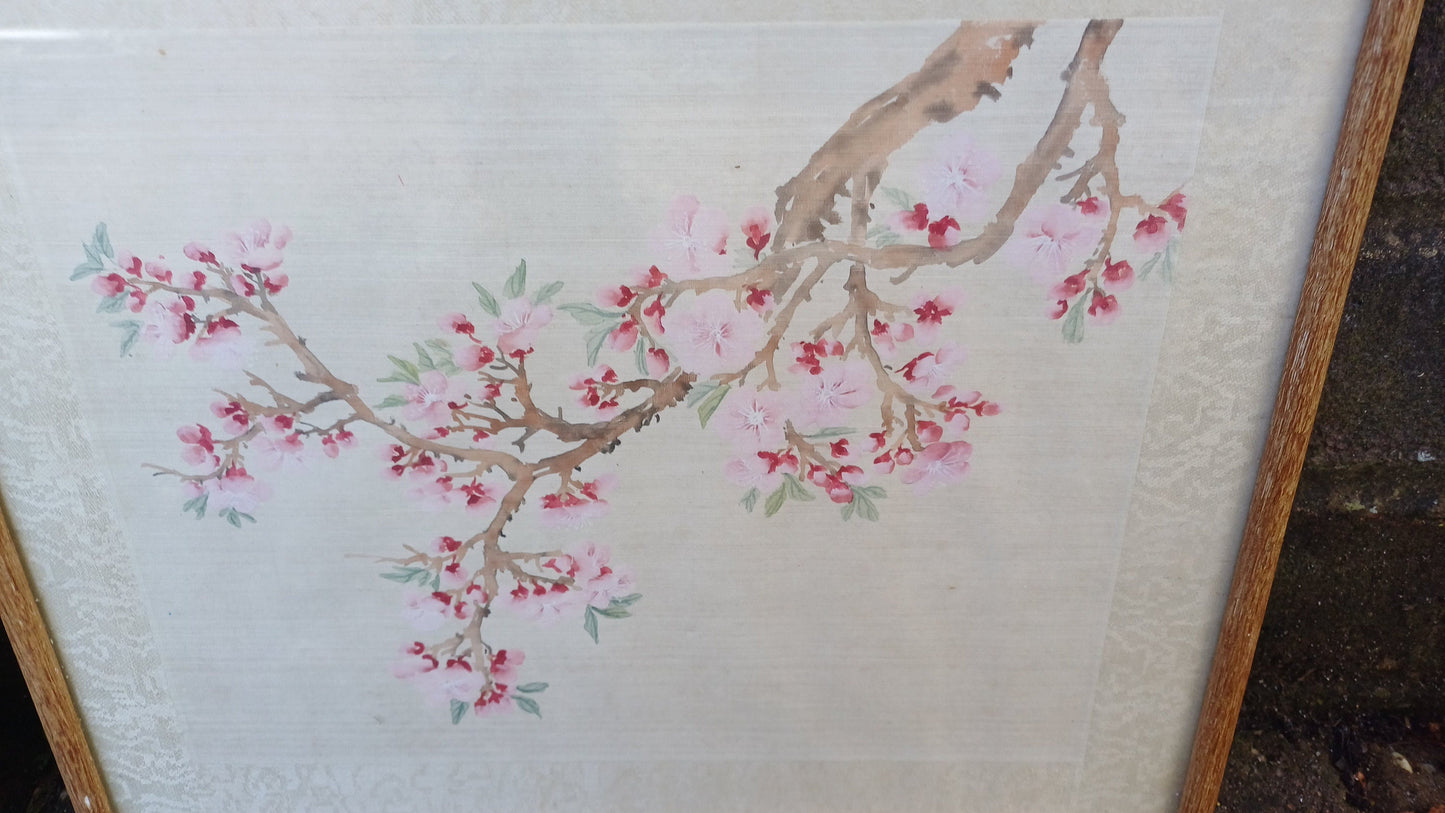 Set of four very beautiful vintage watercolour silk paintings , Japanese Oriental floral theme - four original art silk paintings