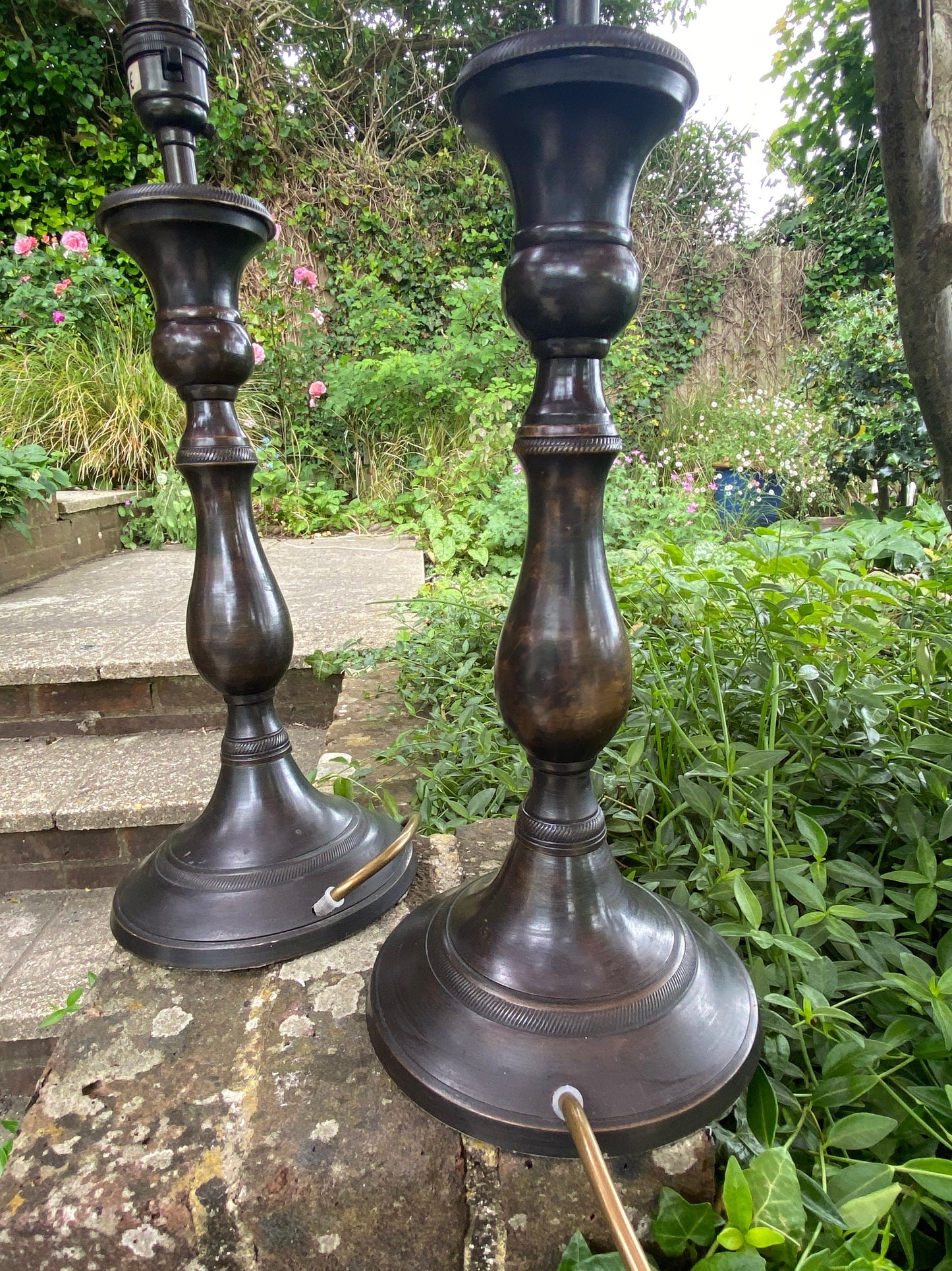 Vintage pair of metallic black and subtle gold lamps - working condition; pair vintage table lamps, black and tarnished metal look