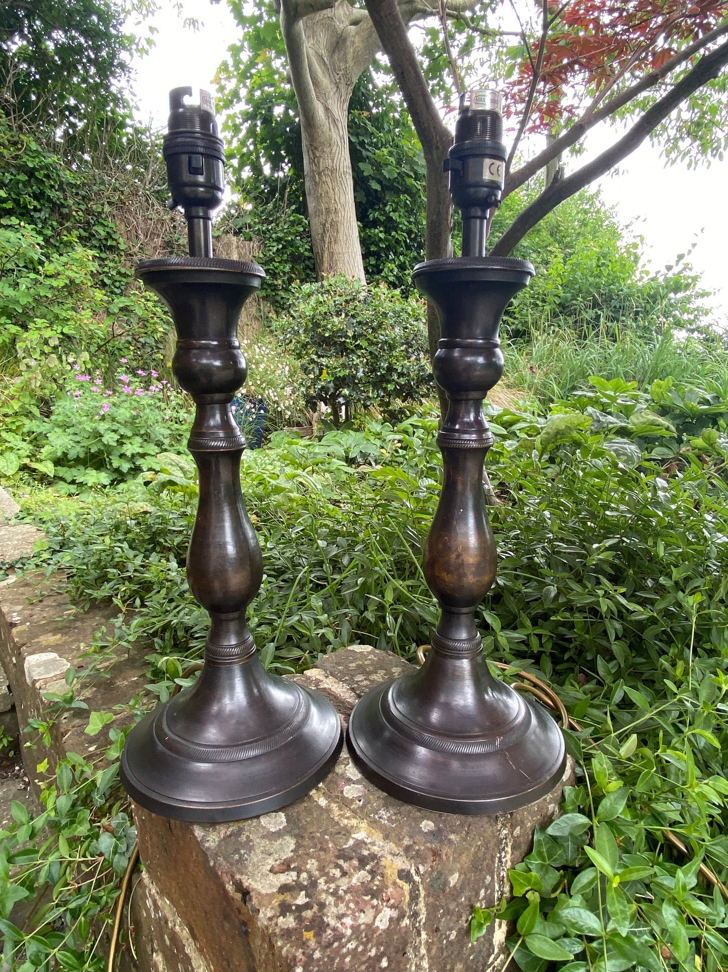 Vintage pair of metallic black and subtle gold lamps - working condition; pair vintage table lamps, black and tarnished metal look