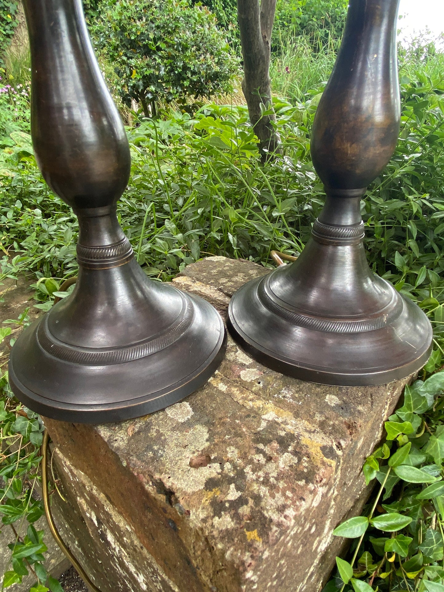Vintage pair of metallic black and subtle gold lamps - working condition; pair vintage table lamps, black and tarnished metal look