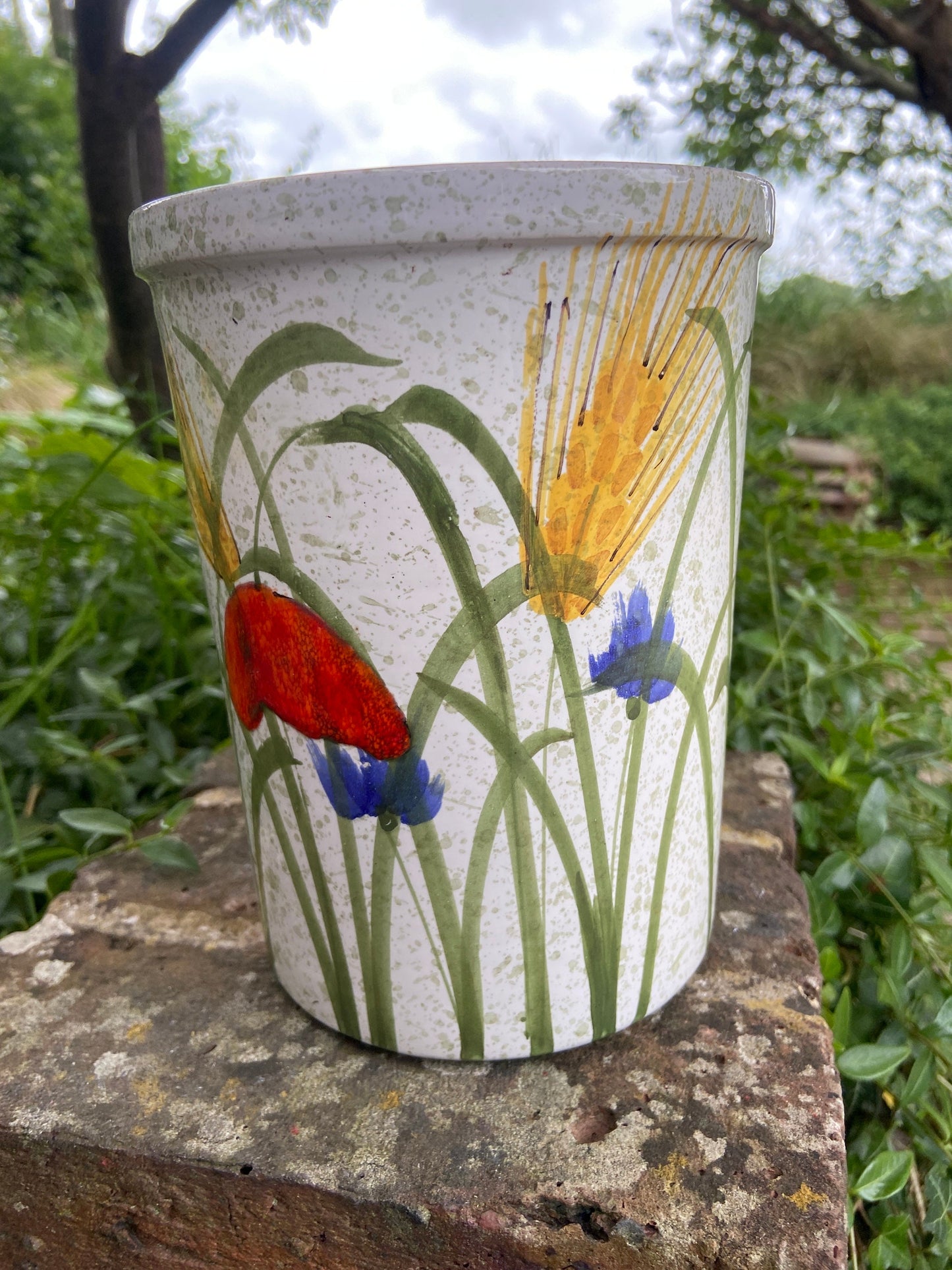 Hand painted spring flower utensils jar or vase - glazed ceramic, vgc, signed - poppies, cornflowers, corn