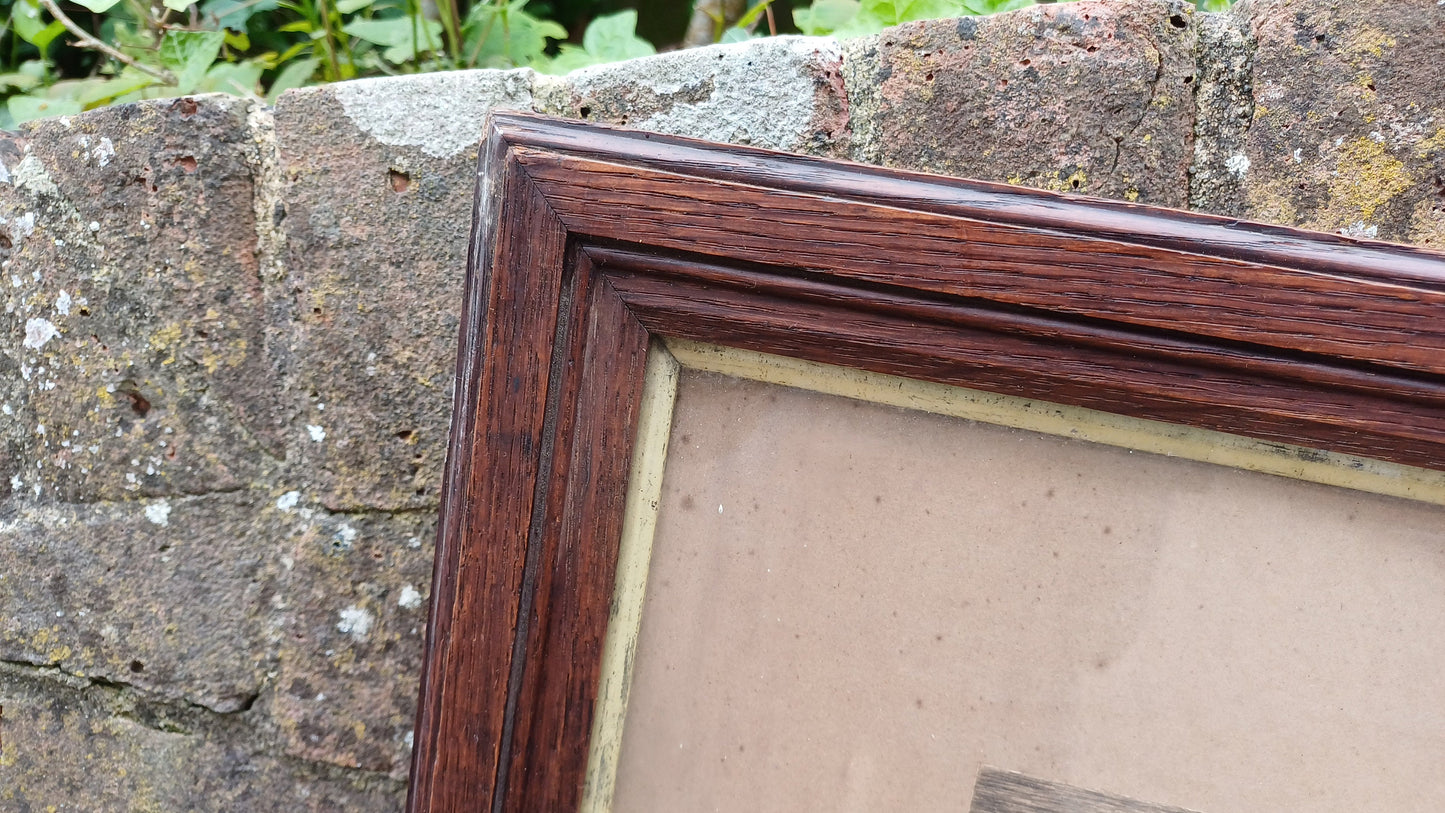 Large glazed antique wooden frame, with wonderful vintage ink drawing mounted