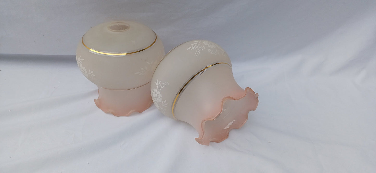 Pair of Vintage 80s Victorian Style Lampshades Pink Gold Floral Etched Effect