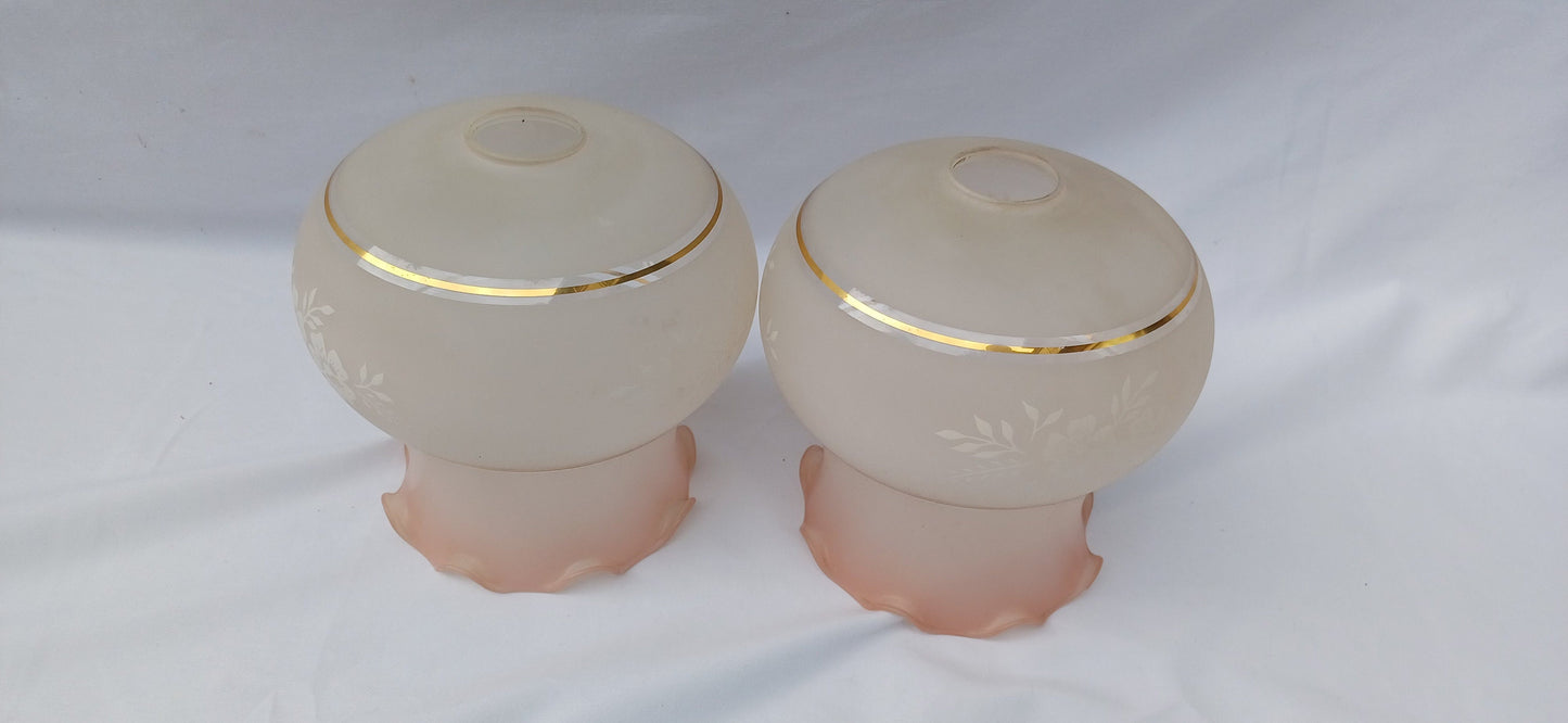 Pair of Vintage 80s Victorian Style Lampshades Pink Gold Floral Etched Effect