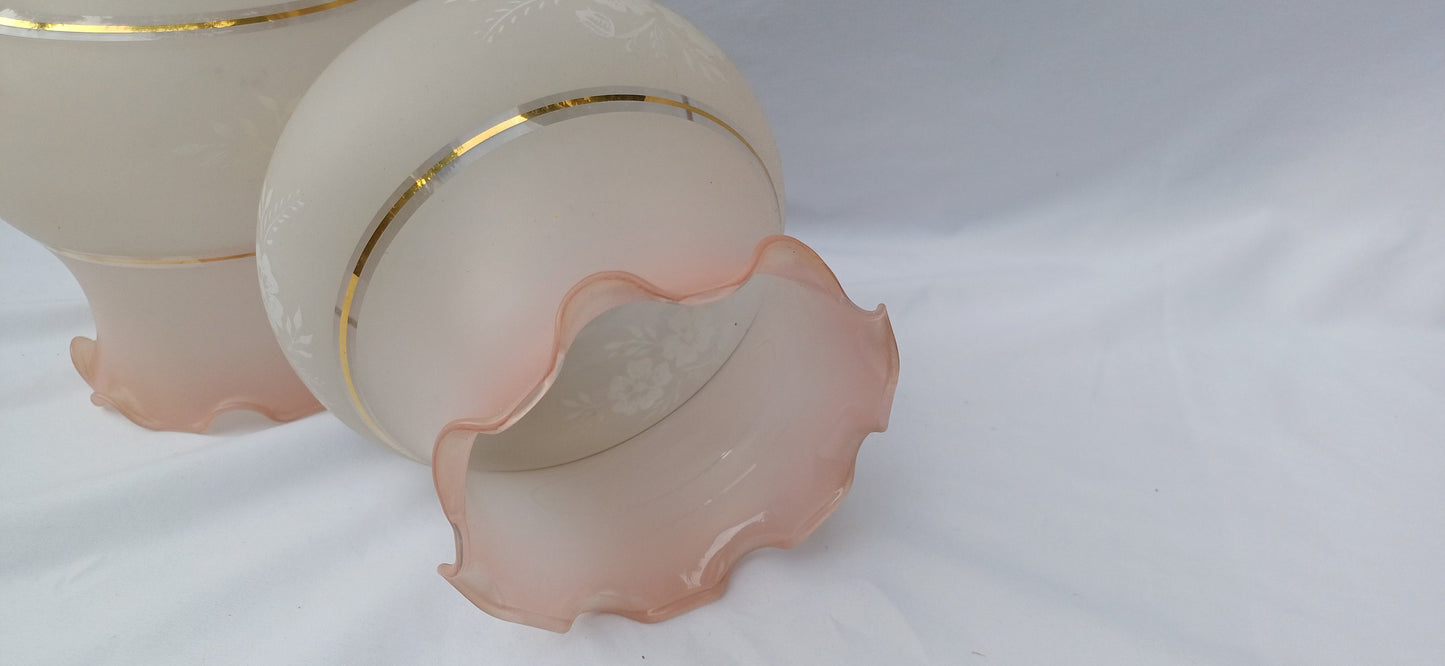 Pair of Vintage 80s Victorian Style Lampshades Pink Gold Floral Etched Effect