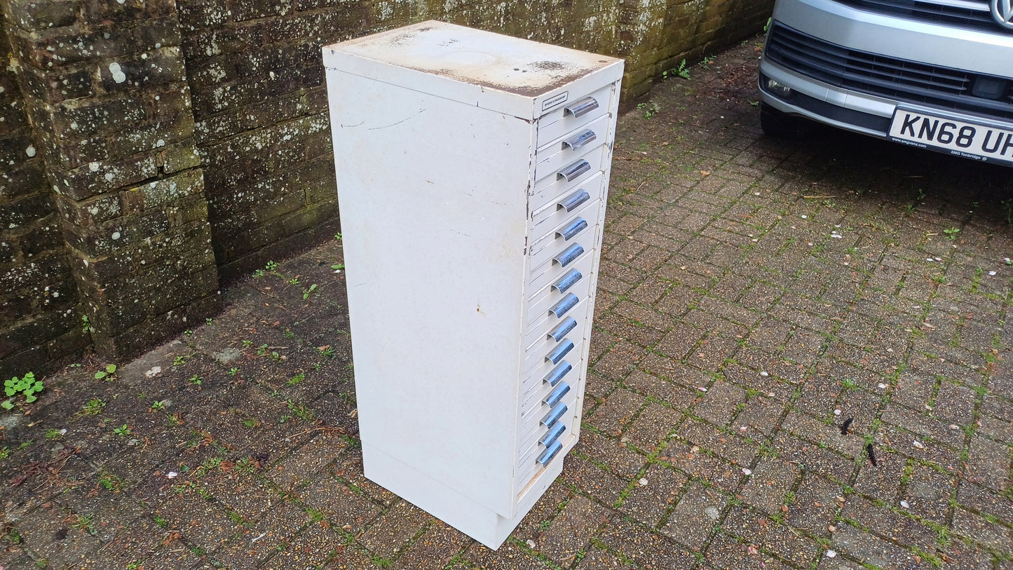 Fantastic Vintage Retro 80s White Metal Filing Drawers Tools Office Artisan Storage