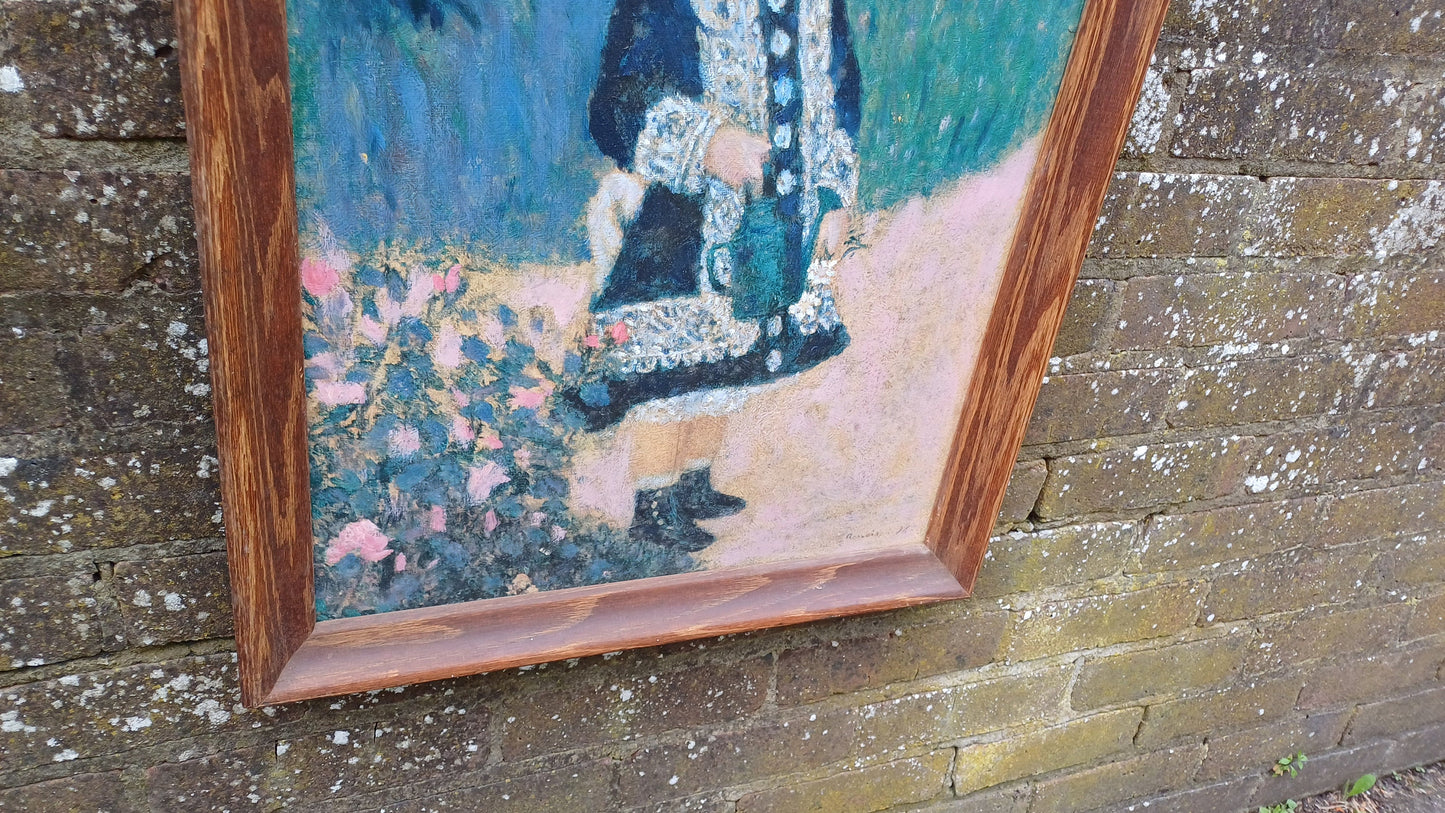 Wonderful vintage copy of famous Renoir painting of Girl with a Watering Can (1876) oil on card, natural wooden vintage frame.