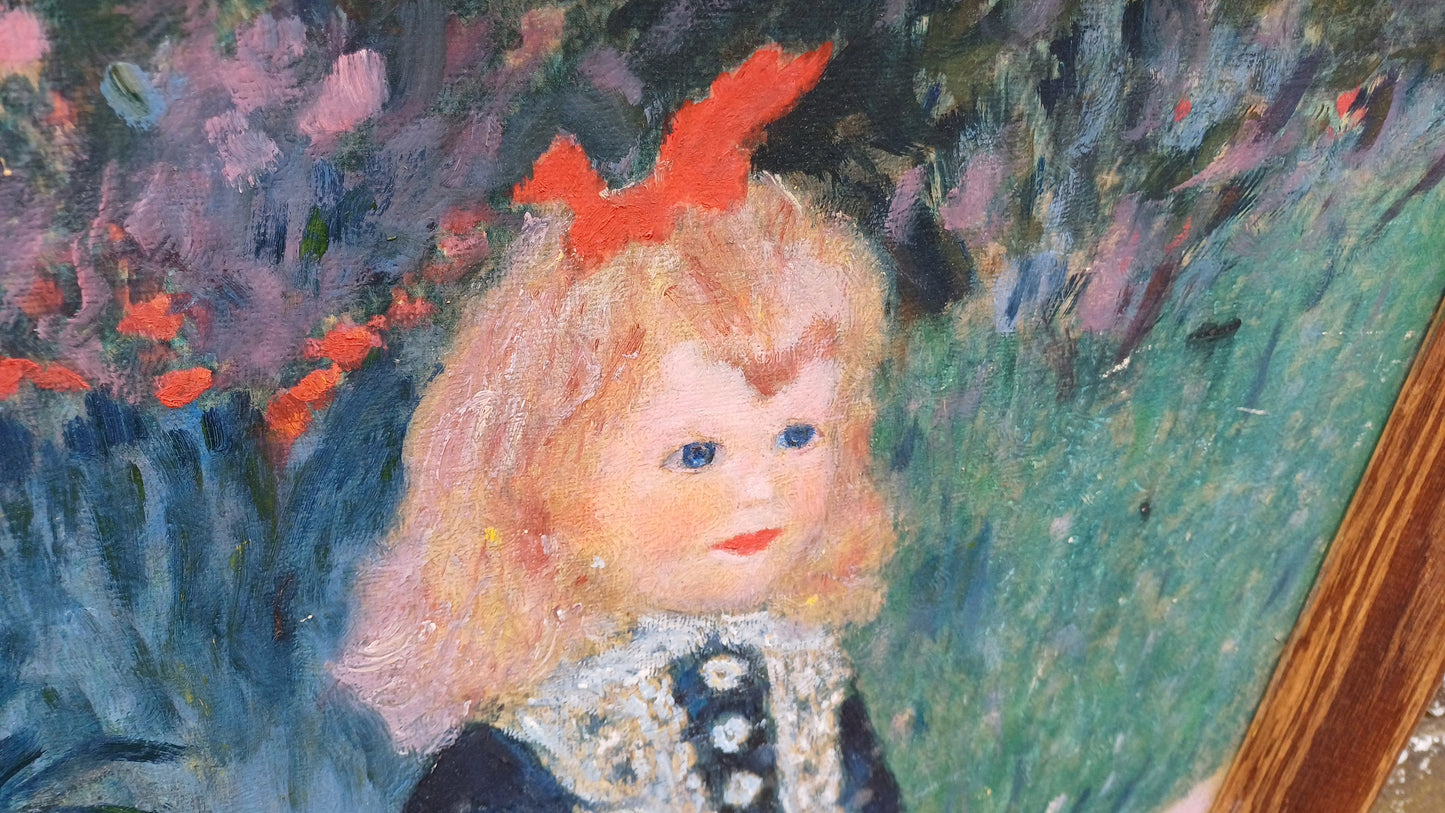 Wonderful vintage copy of famous Renoir painting of Girl with a Watering Can (1876) oil on card, natural wooden vintage frame.