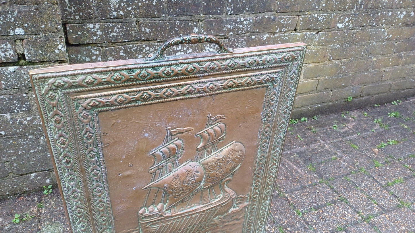 Lovely Vintage Brass Galleon Fire Screen Fire Spark Guard