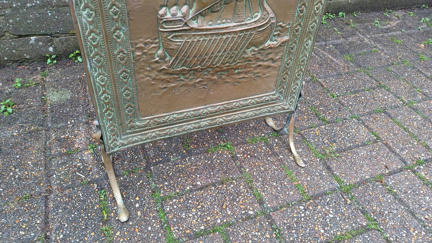 Lovely Vintage Brass Galleon Fire Screen Fire Spark Guard