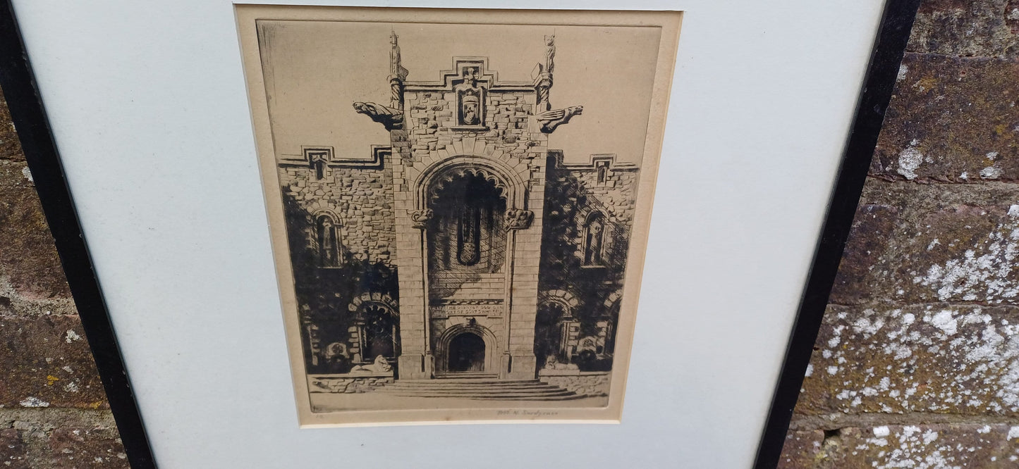 Three etchings by W Monk and R Snodgrass (signed). Late 1800s, early 1900s. National War Memorial of Scotland & two likely Oxbridge Colleges