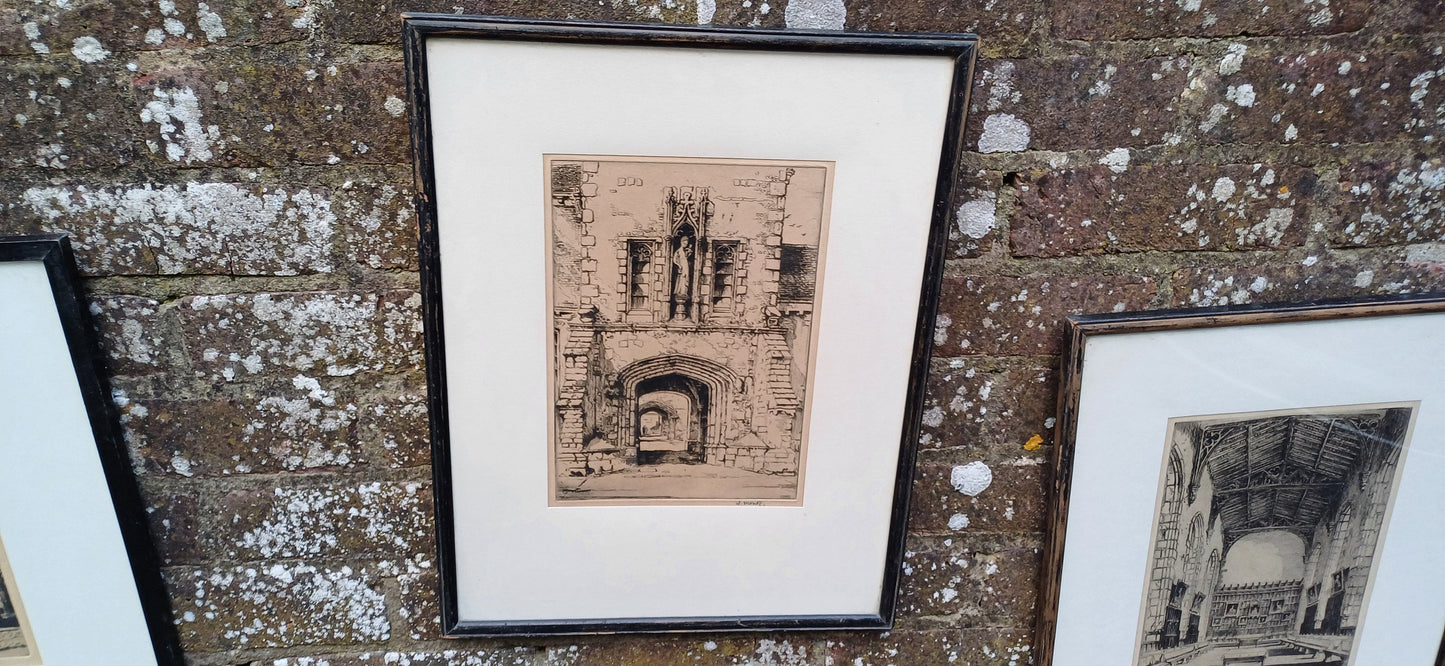 Three etchings by W Monk and R Snodgrass (signed). Late 1800s, early 1900s. National War Memorial of Scotland & two likely Oxbridge Colleges