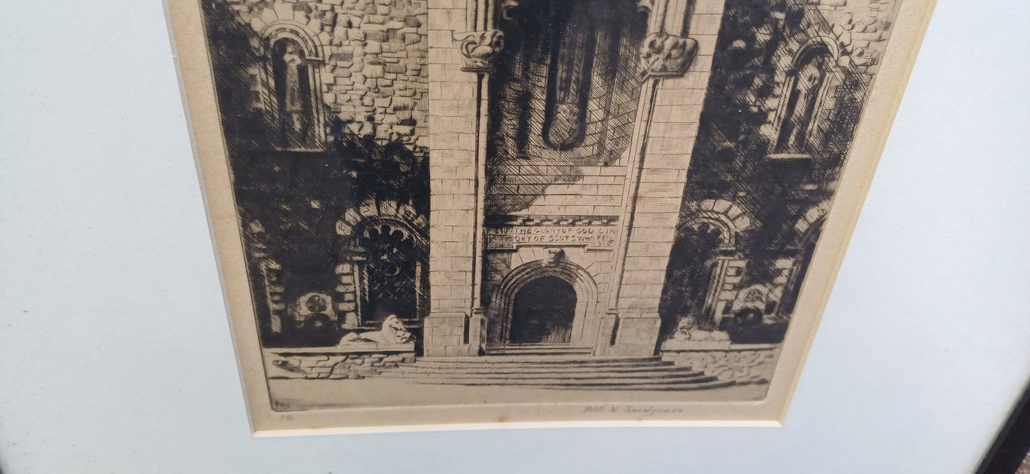Three etchings by W Monk and R Snodgrass (signed). Late 1800s, early 1900s. National War Memorial of Scotland & two likely Oxbridge Colleges