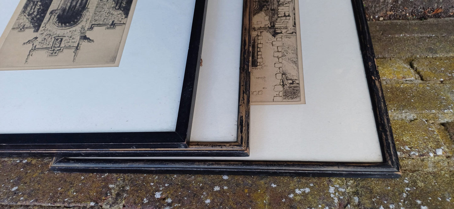 Three etchings by W Monk and R Snodgrass (signed). Late 1800s, early 1900s. National War Memorial of Scotland & two likely Oxbridge Colleges