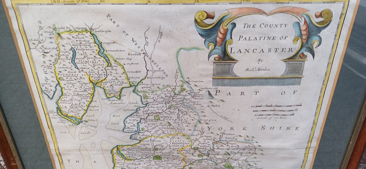 Palatine of Lancaster Copper Plate Engraving Map, handpainted. By Rob Morden for Abel Swale Awnsham and John Churchill