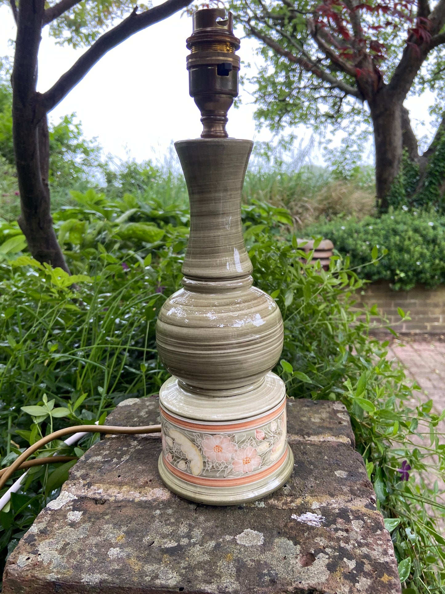 Vintage Jersey Pottery Green Table Lamp - working vintage table lamp, Green ceramic with hand painted flowers