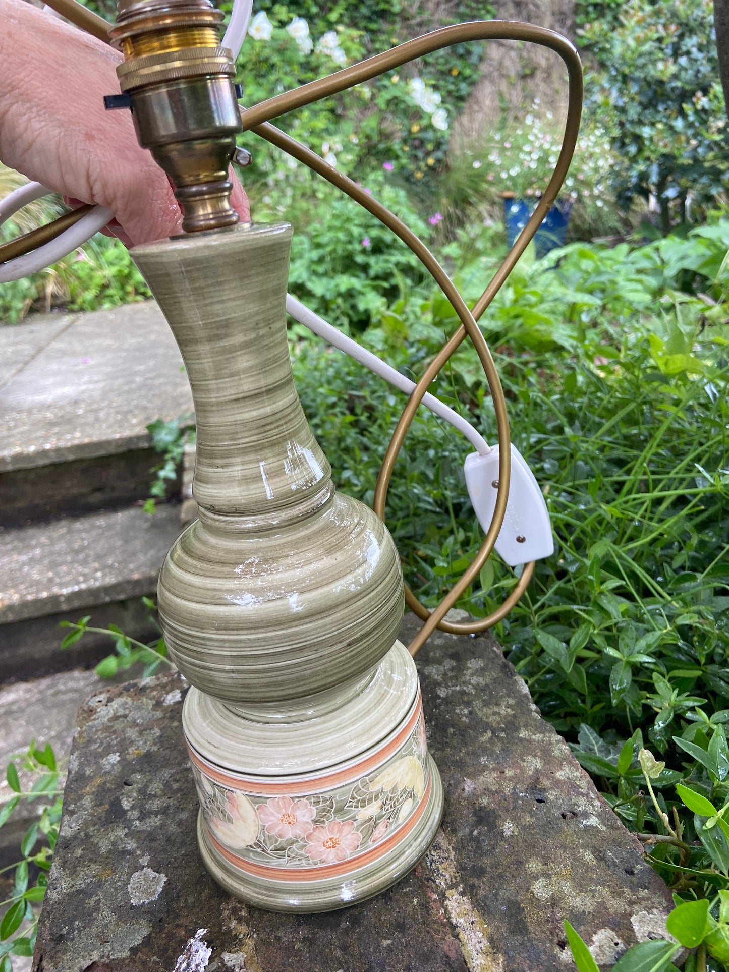 Vintage Jersey Pottery Green Table Lamp - working vintage table lamp, Green ceramic with hand painted flowers