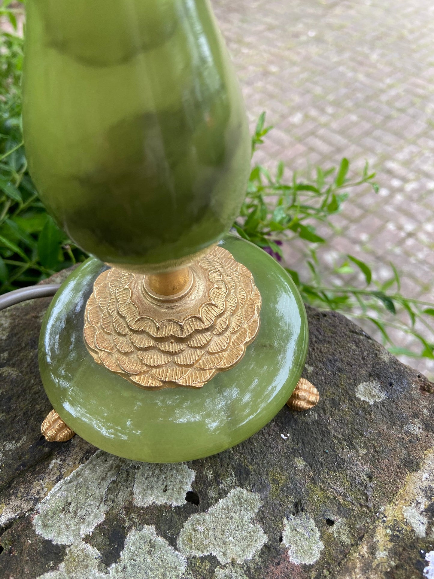 Bottle bright Green vintage onyx (marble) and metal lamp small table lamp, working lamp