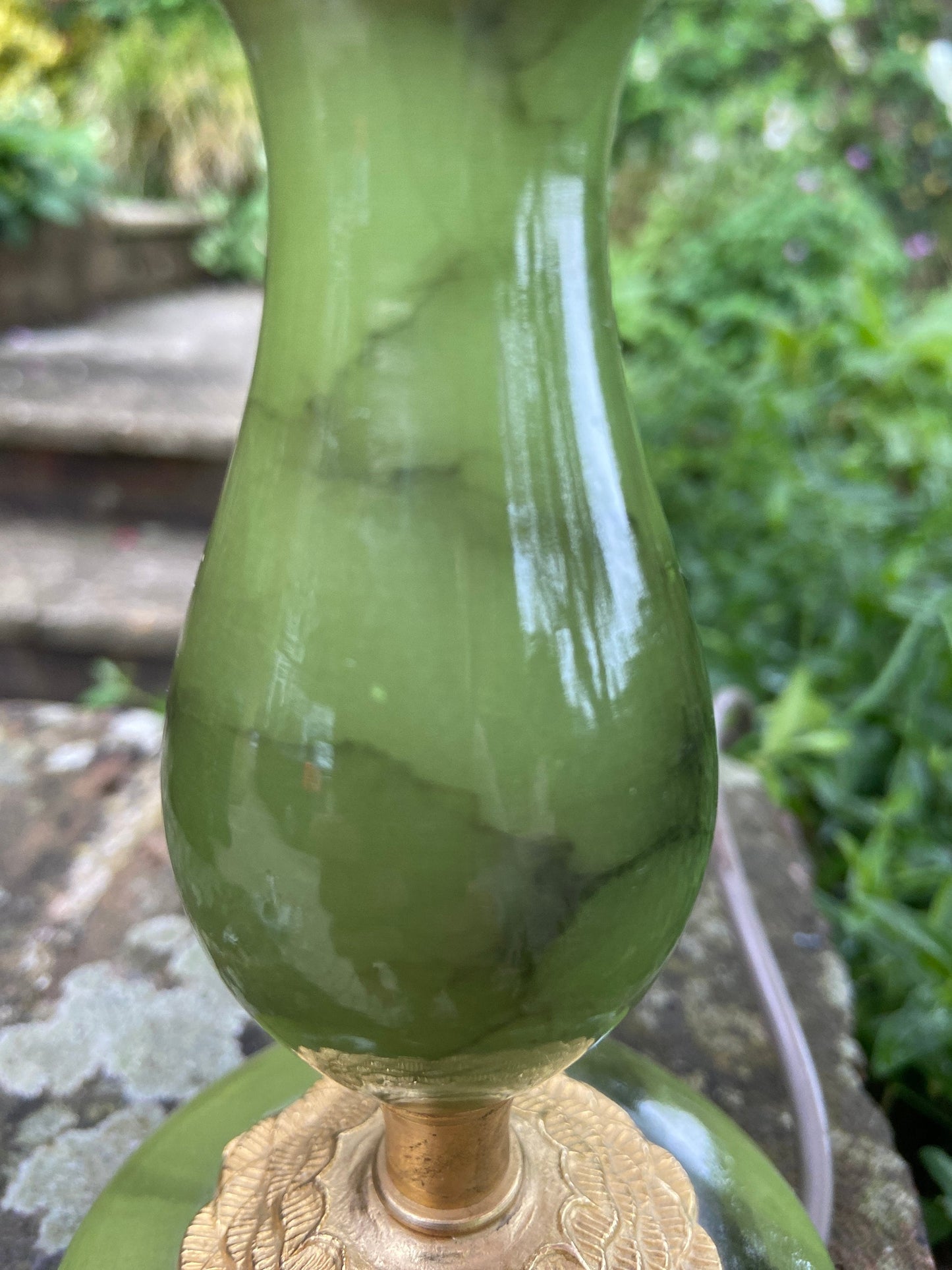 Bottle bright Green vintage onyx (marble) and metal lamp small table lamp, working lamp