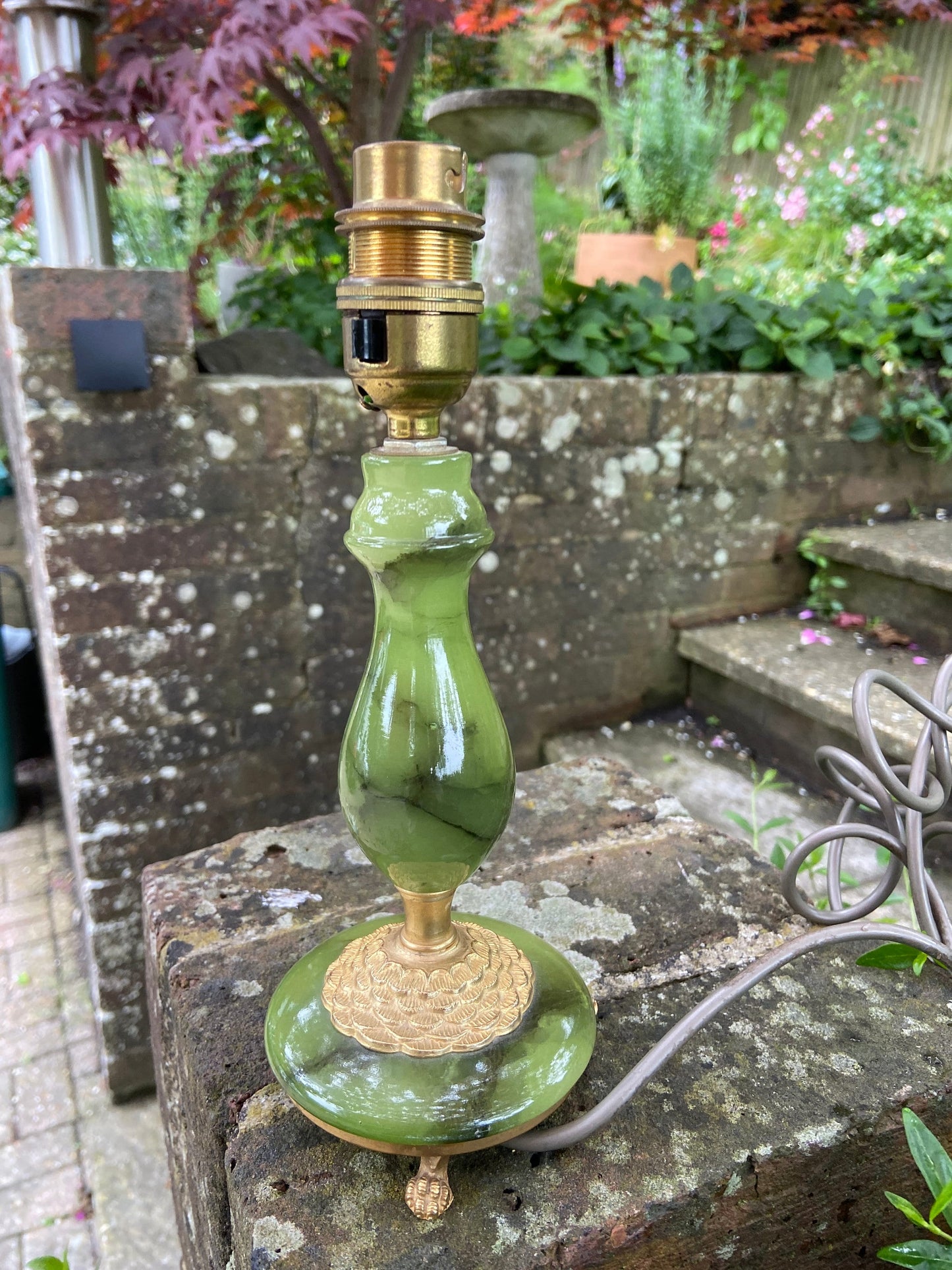 Bottle bright Green vintage onyx (marble) and metal lamp small table lamp, working lamp