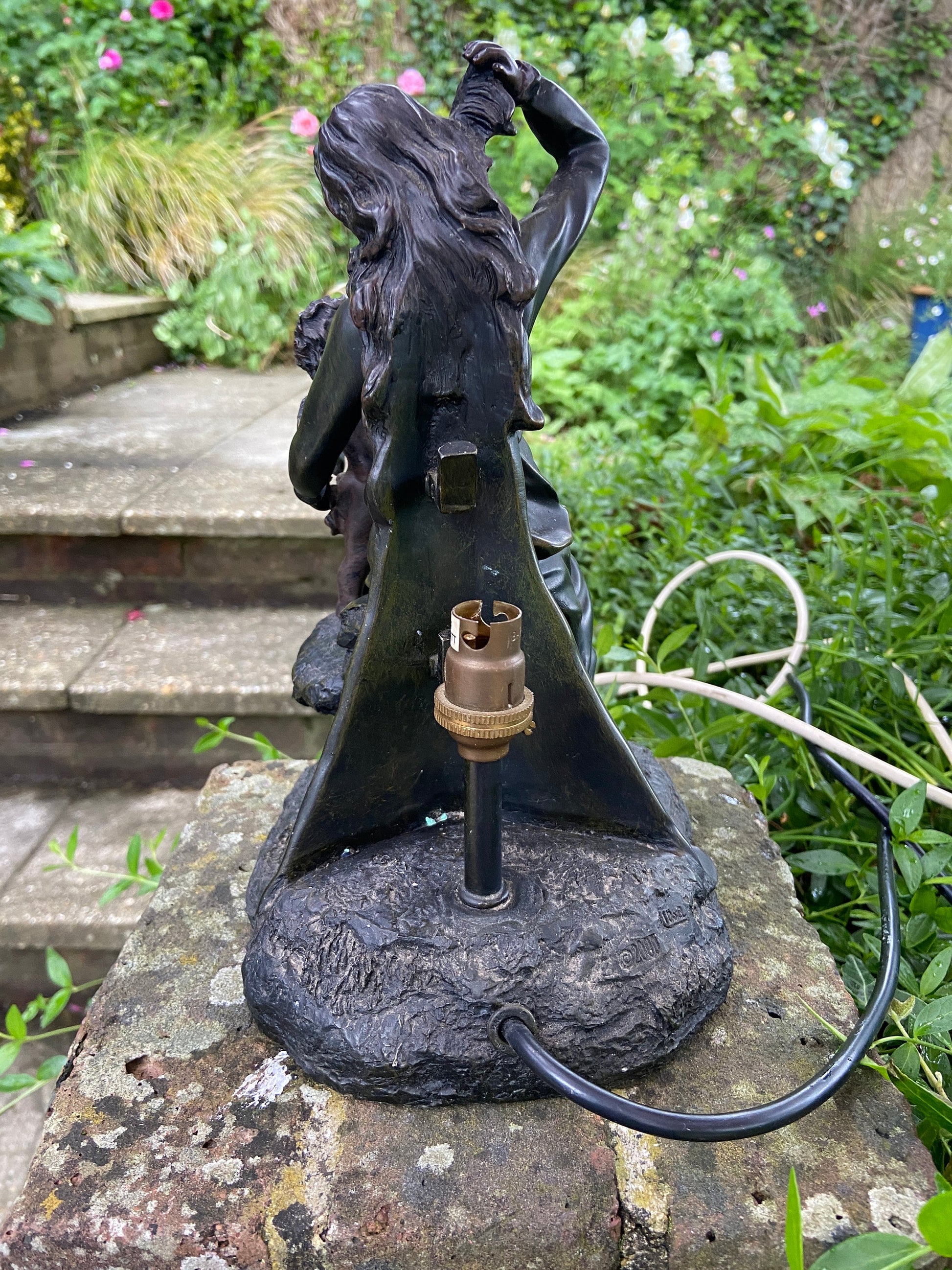 Vintage Widdop Bingham Bronze coloured finish table lamp, with woman and cherub / angel - working and CE certified, vintage table lamp