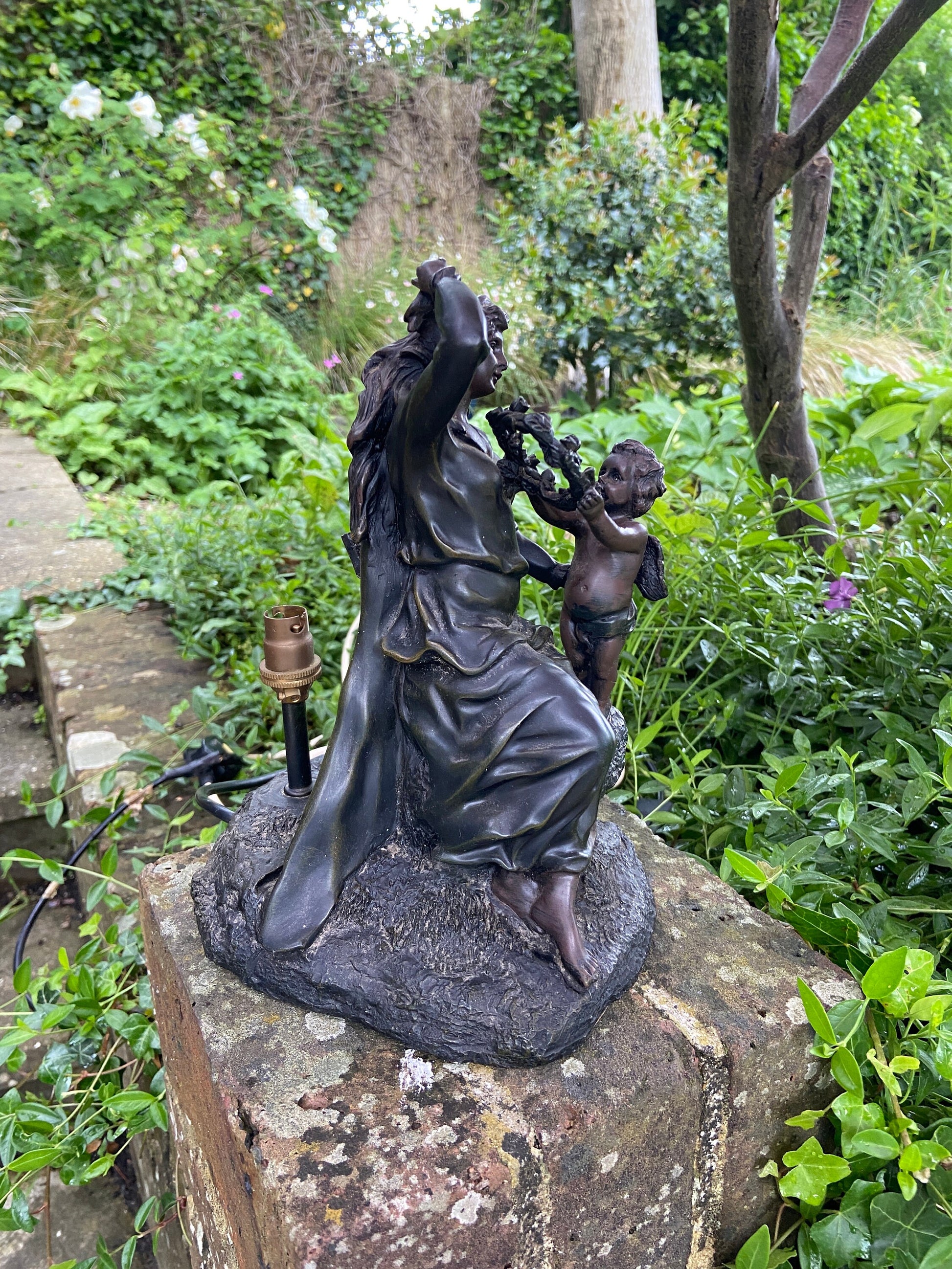 Vintage Widdop Bingham Bronze coloured finish table lamp, with woman and cherub / angel - working and CE certified, vintage table lamp