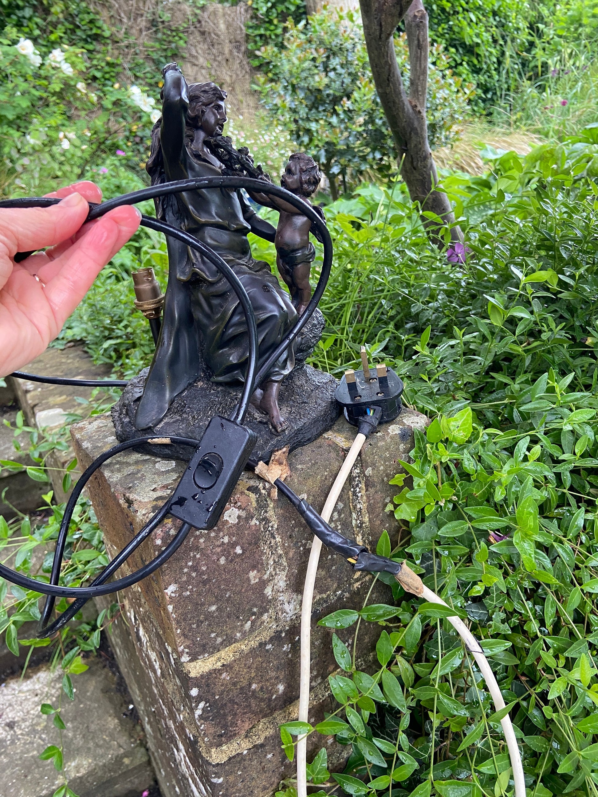 Vintage Widdop Bingham Bronze coloured finish table lamp, with woman and cherub / angel - working and CE certified, vintage table lamp