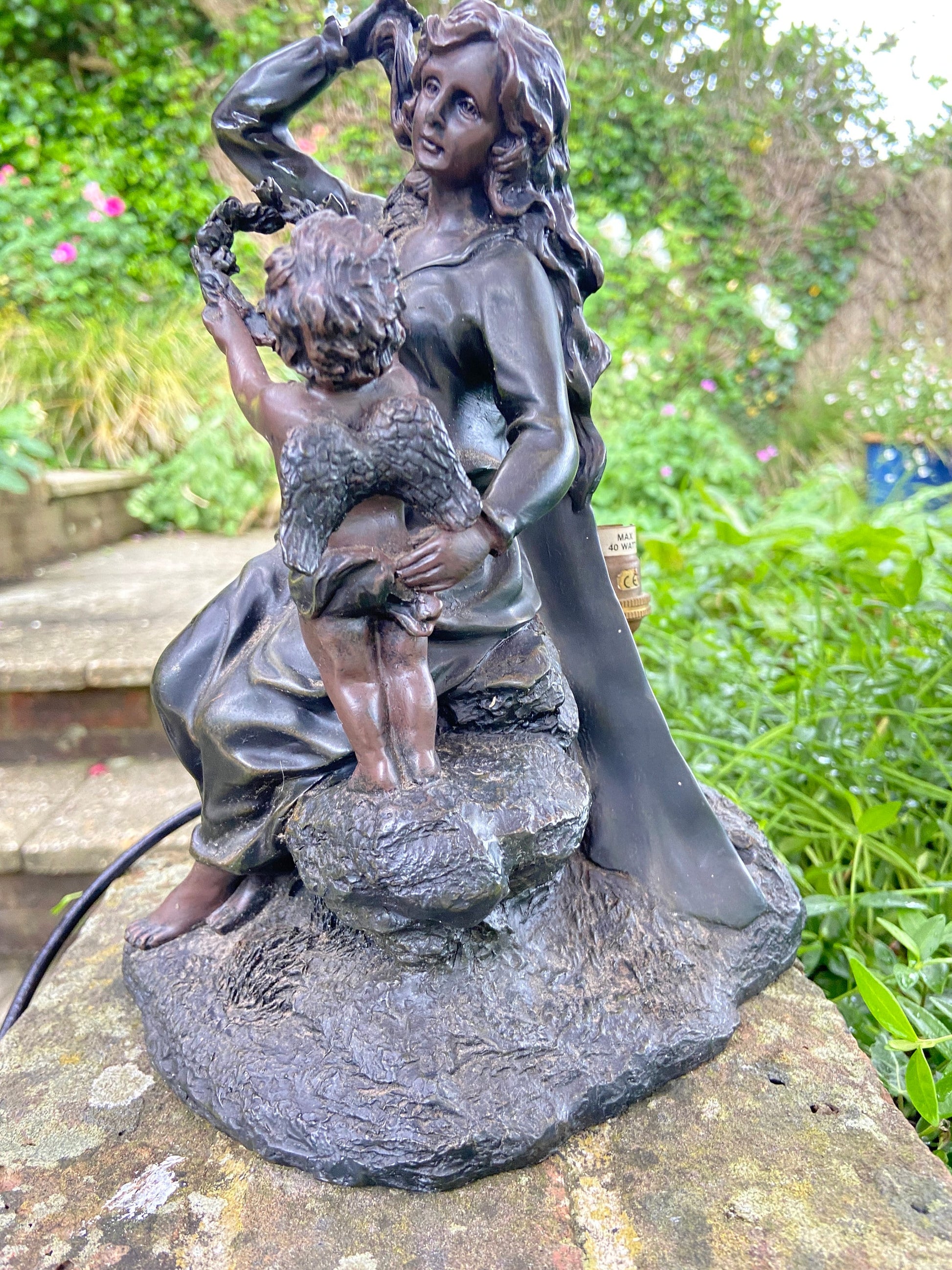 Vintage Widdop Bingham Bronze coloured finish table lamp, with woman and cherub / angel - working and CE certified, vintage table lamp