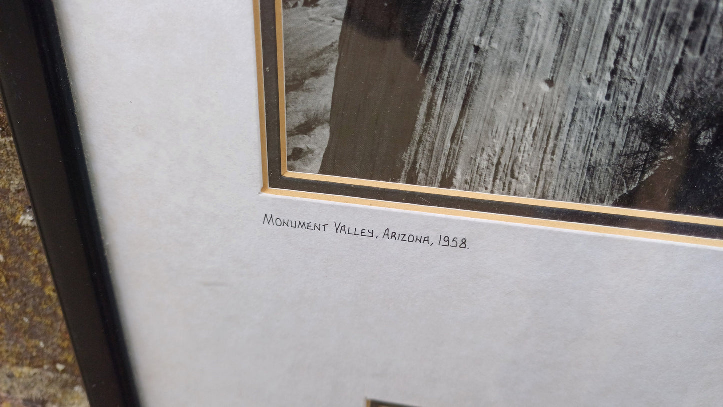 Vintage Ansel Adams black and white photograph pf Monument Valley, Arizona 1958, professionally framed in vintage frame