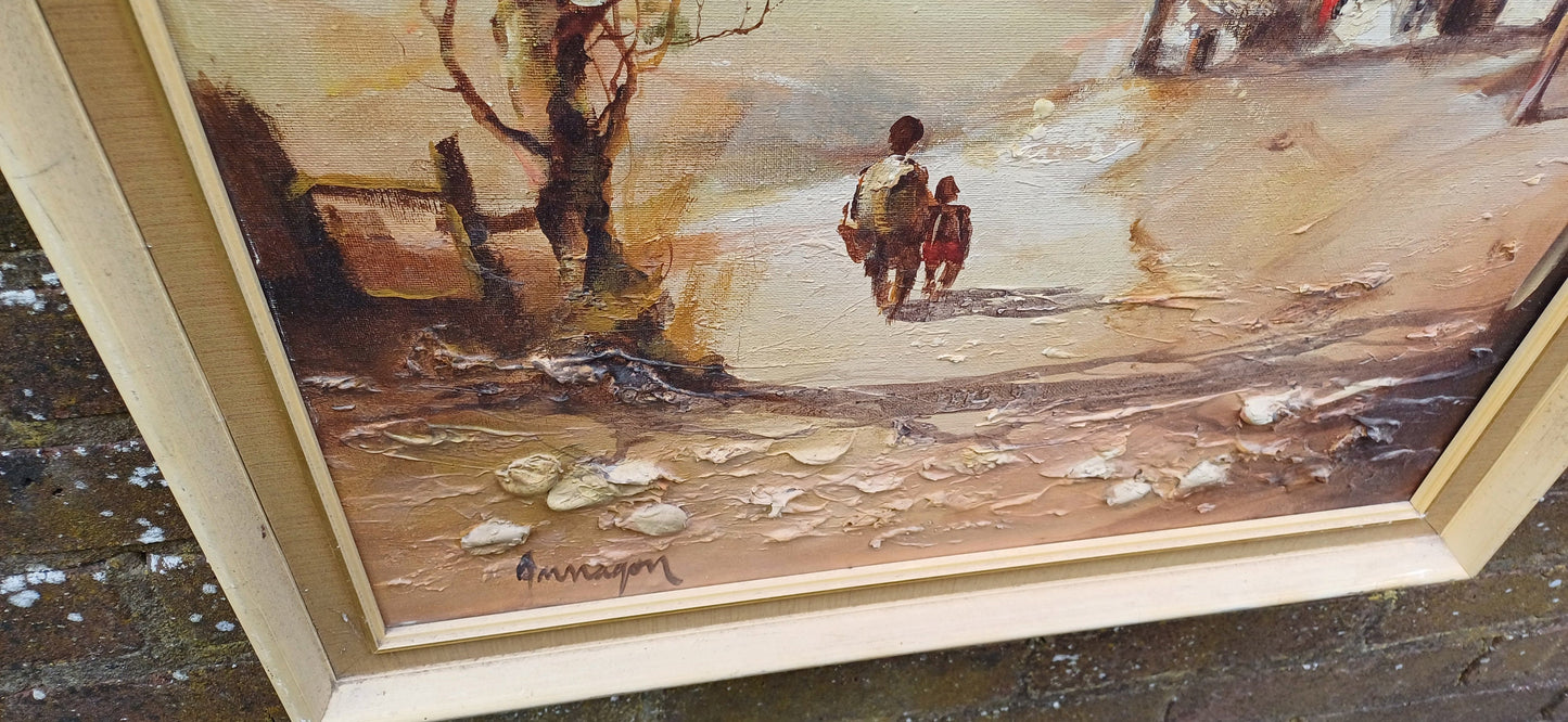 Original vintage retro large painting - oil and mixed media painting, signed painting in retro frame, children and village scene
