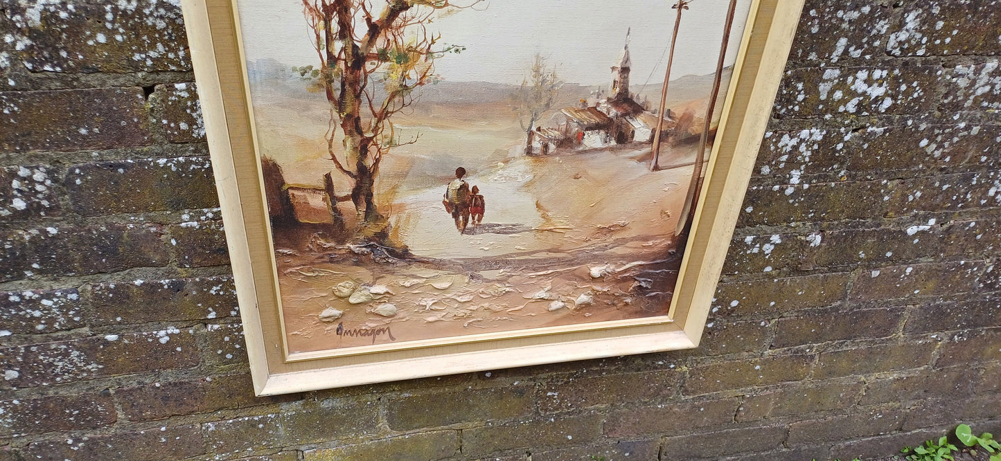 Original vintage retro large painting - oil and mixed media painting, signed painting in retro frame, children and village scene