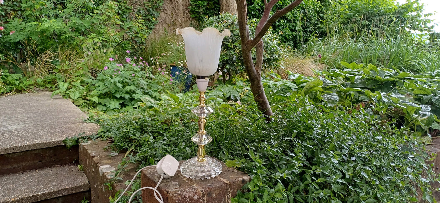 Vintage 80s Composite Moulded Cut Glass Crystal and Gold Effect Table Lamp with Early 20th Century Glass Lampshade.