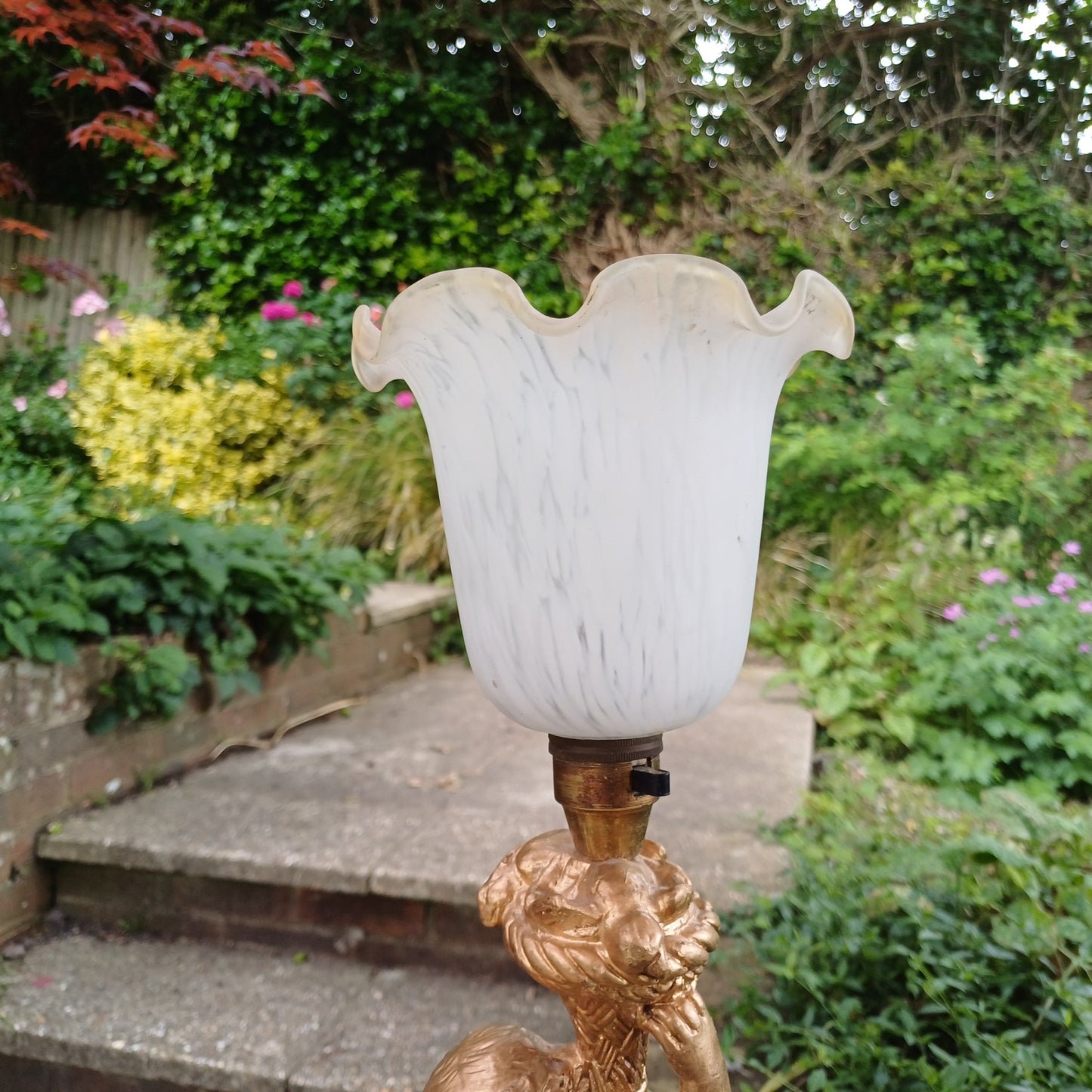 Vintage Cherub Gold Table Lamp with Early 20th Century Glass Lampshade.