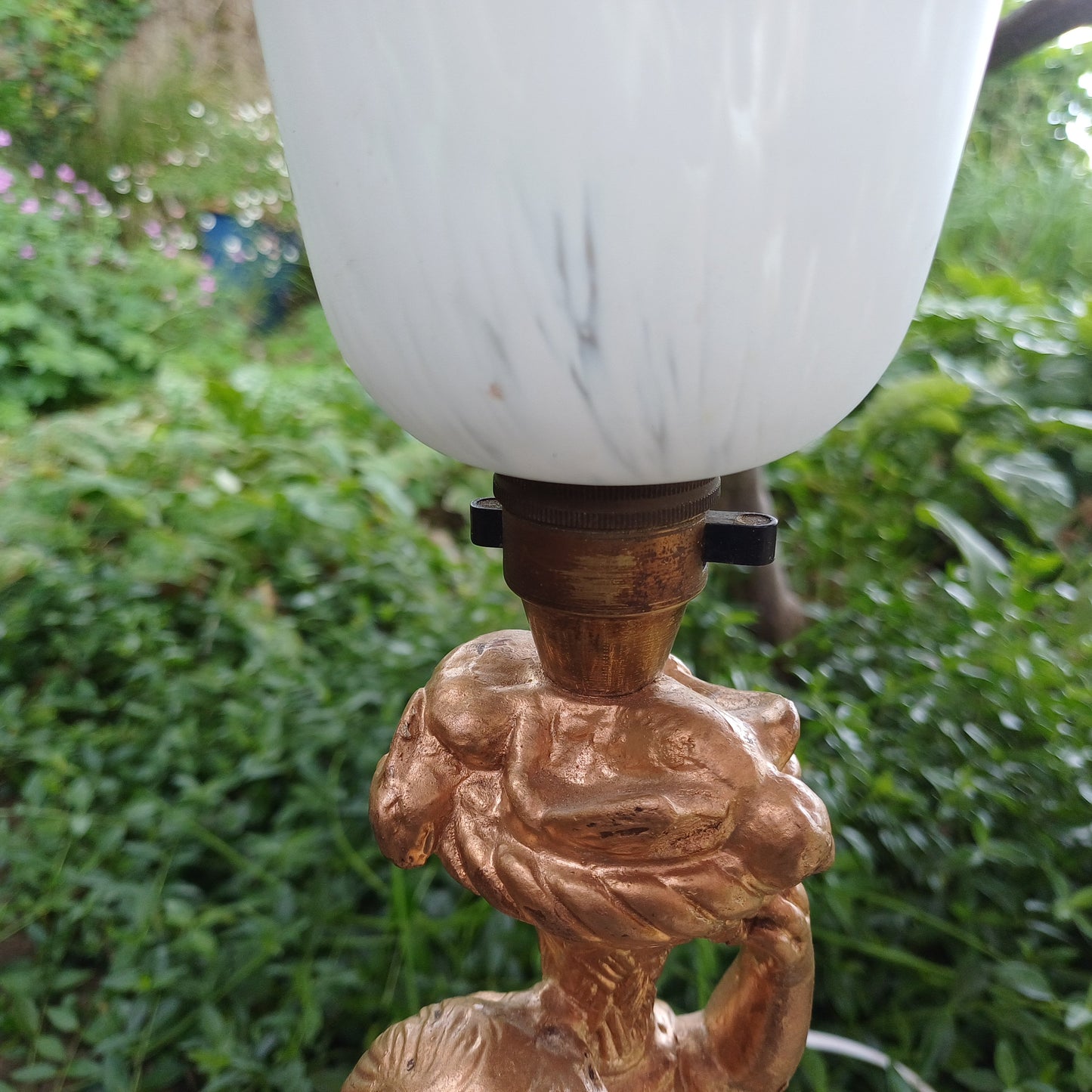 Vintage Cherub Gold Table Lamp with Early 20th Century Glass Lampshade.