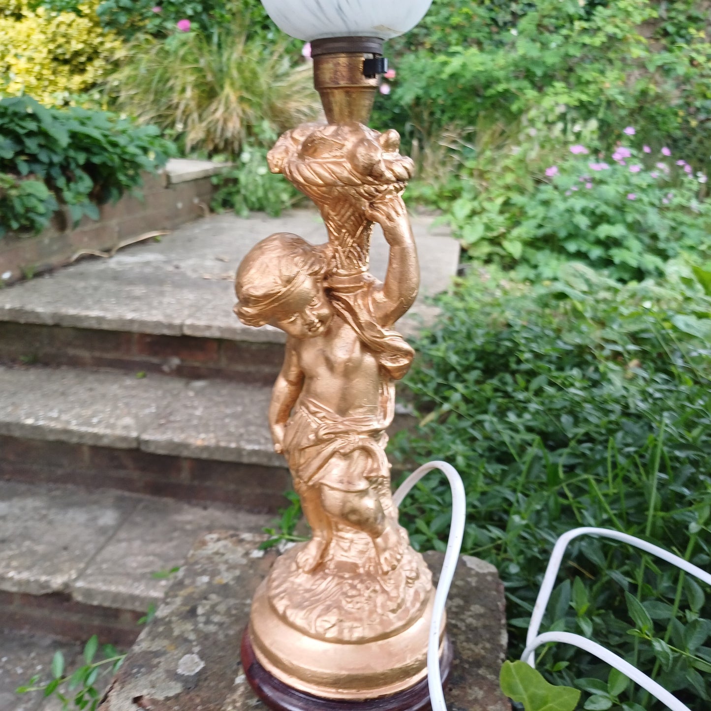 Vintage Cherub Gold Table Lamp with Early 20th Century Glass Lampshade.