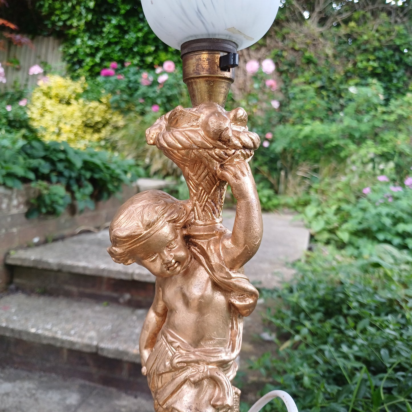 Vintage Cherub Gold Table Lamp with Early 20th Century Glass Lampshade.