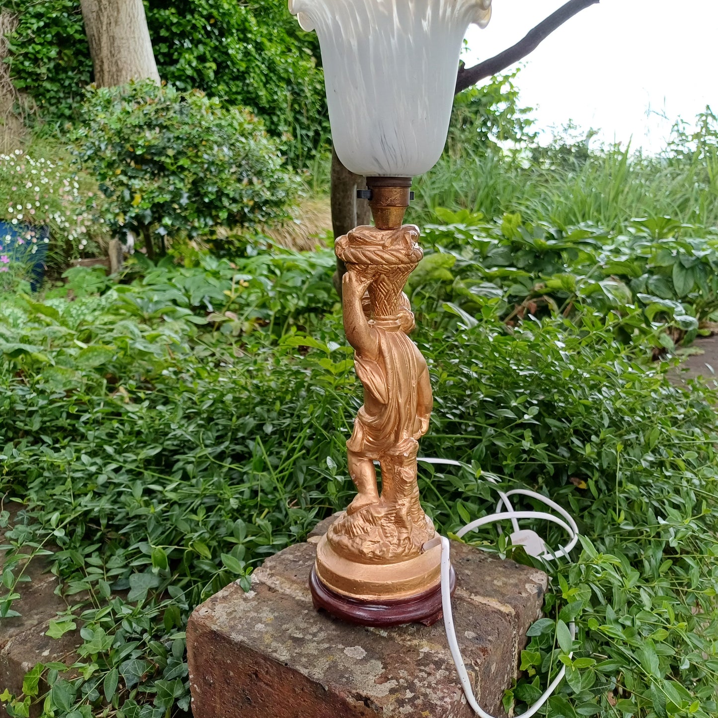 Vintage Cherub Gold Table Lamp with Early 20th Century Glass Lampshade.