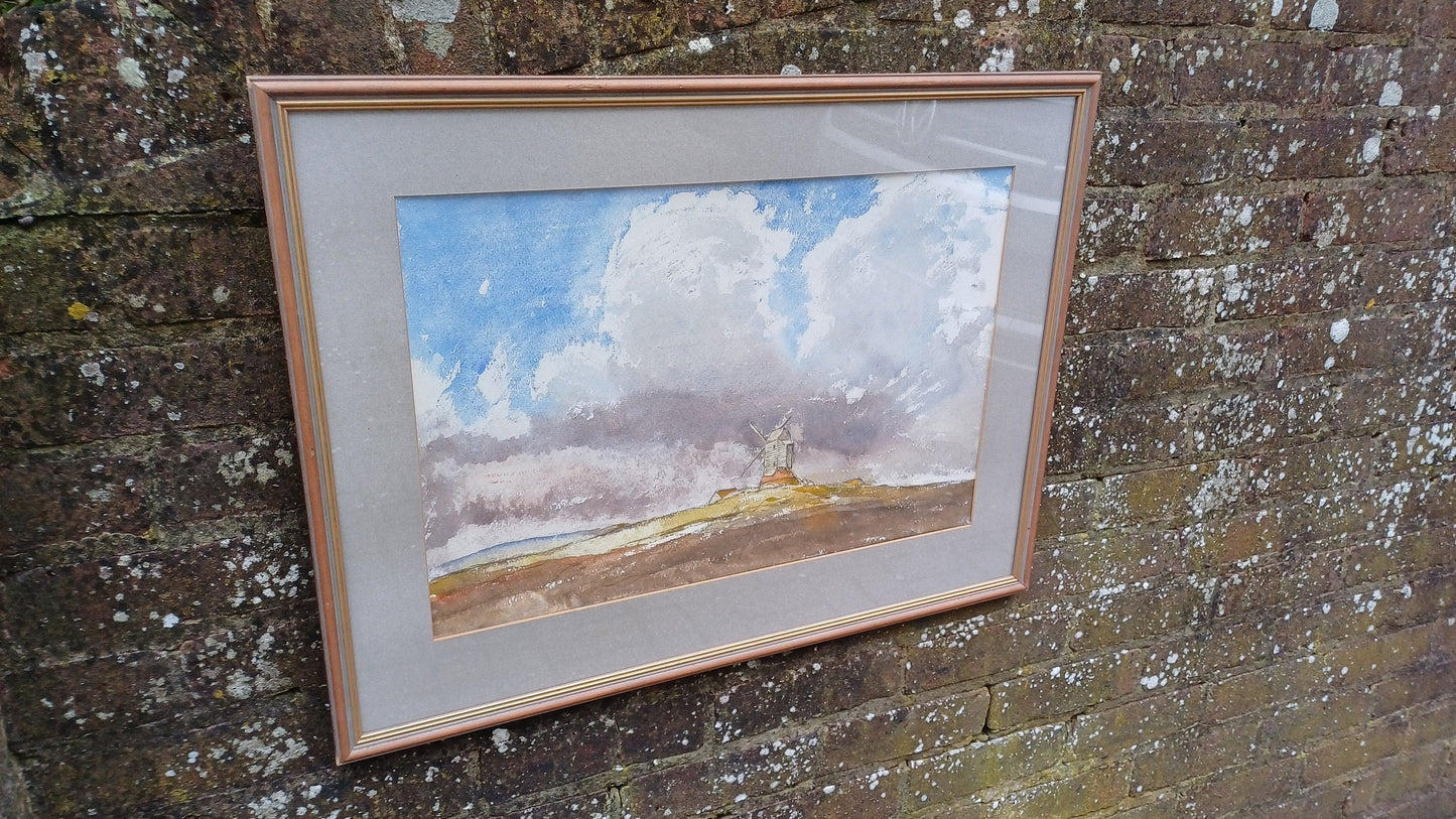vintage old watercolour of a windmill; water colour painting of a windmill. definitely in the South Downs somewhere. You can see hills in the background. framed in vintage glazed frame