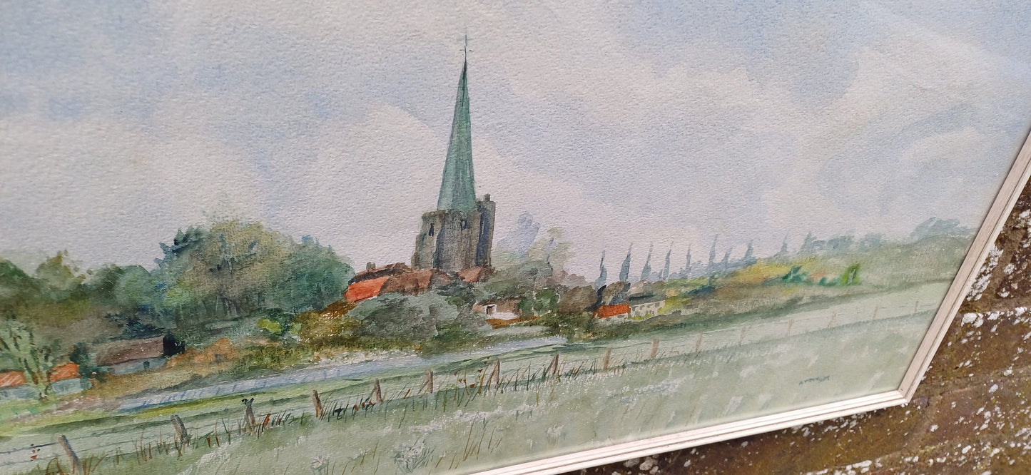 Lovely vintage watercolour of Kent countryside and townscape by artist Stringer , retro vintage white wooden glazed frame