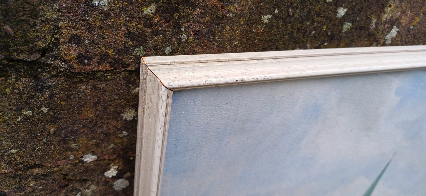 Lovely vintage watercolour of Kent countryside and townscape by artist Stringer , retro vintage white wooden glazed frame