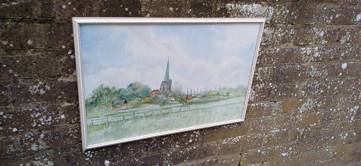 Lovely vintage watercolour of Kent countryside and townscape by artist Stringer , retro vintage white wooden glazed frame