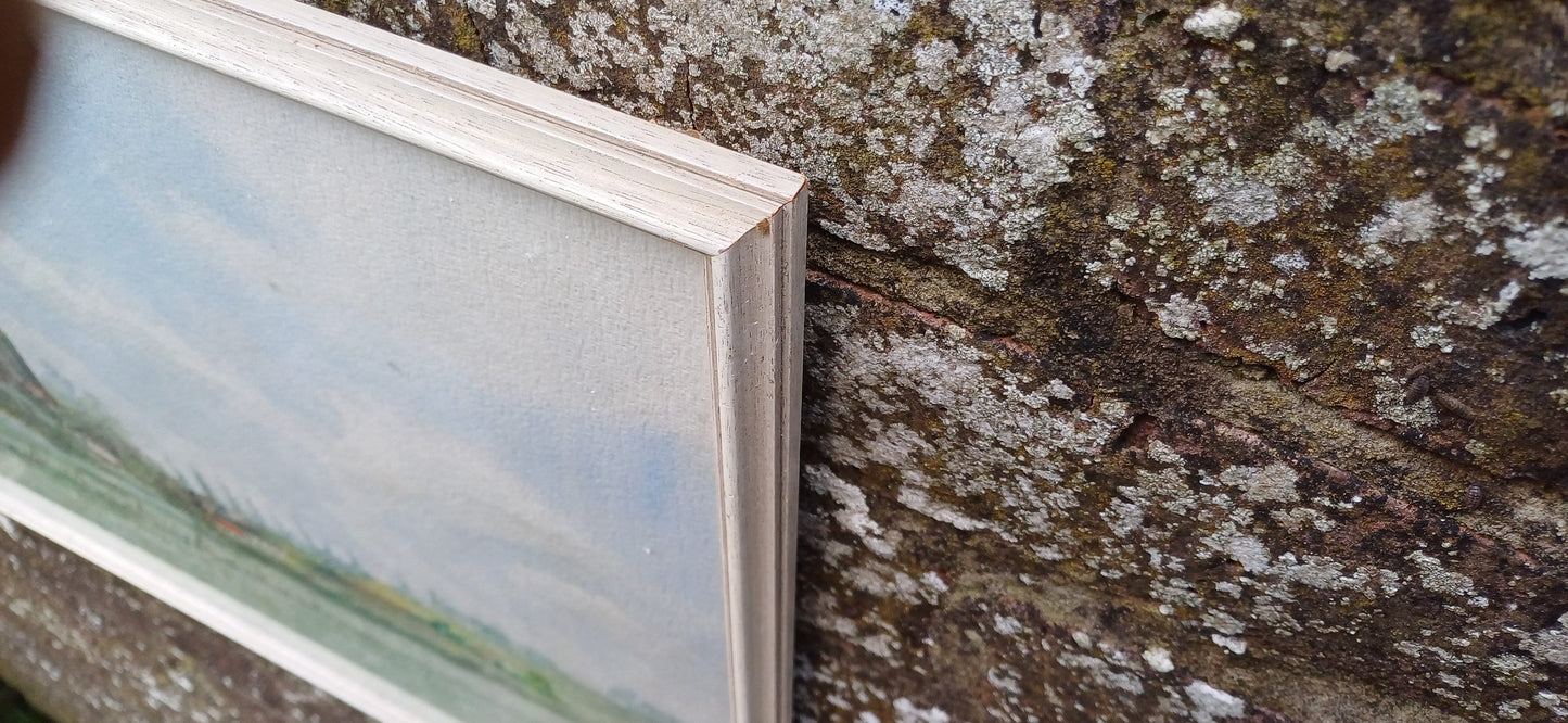 Lovely vintage watercolour of Kent countryside and townscape by artist Stringer , retro vintage white wooden glazed frame
