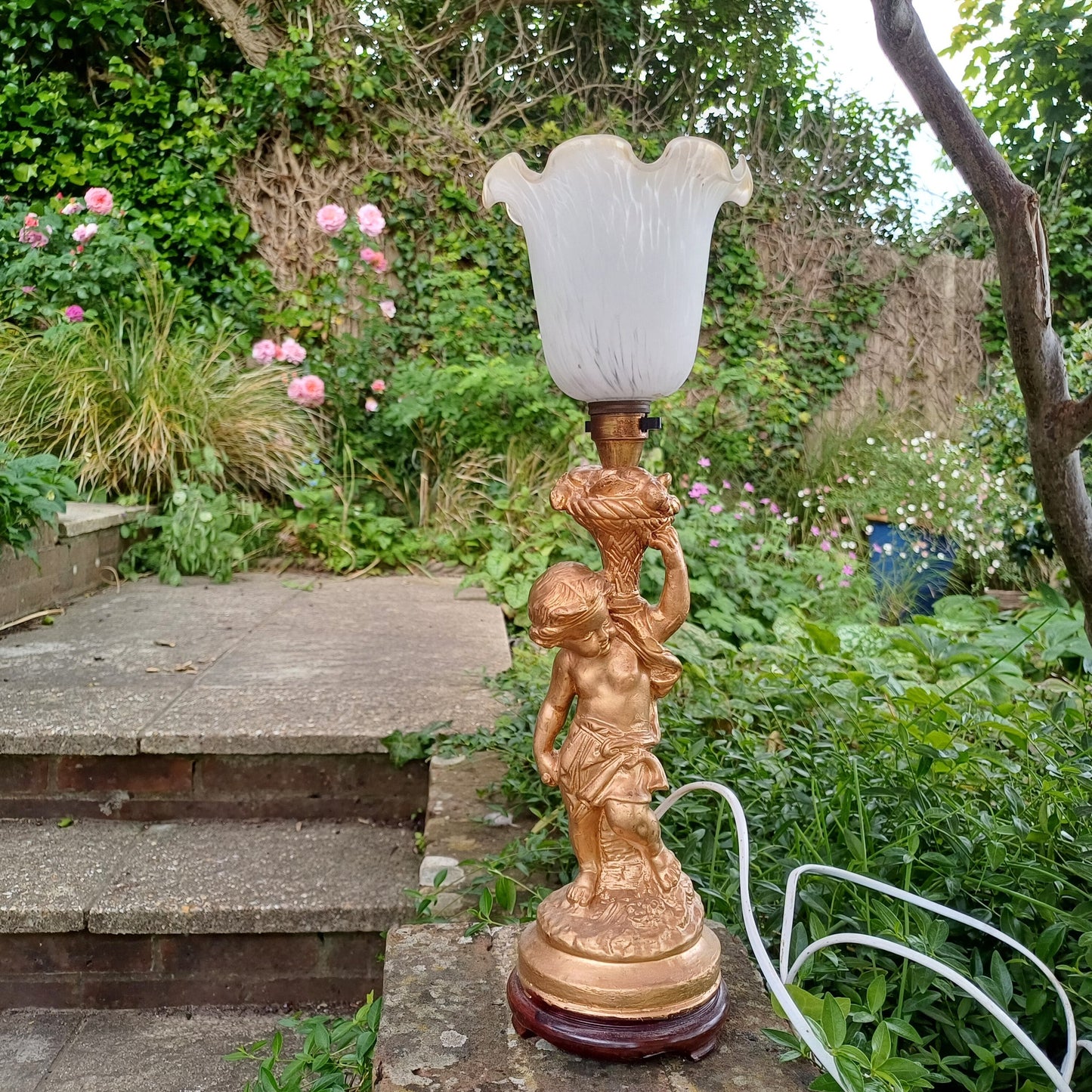 Vintage Cherub Gold Table Lamp with Early 20th Century Glass Lampshade.