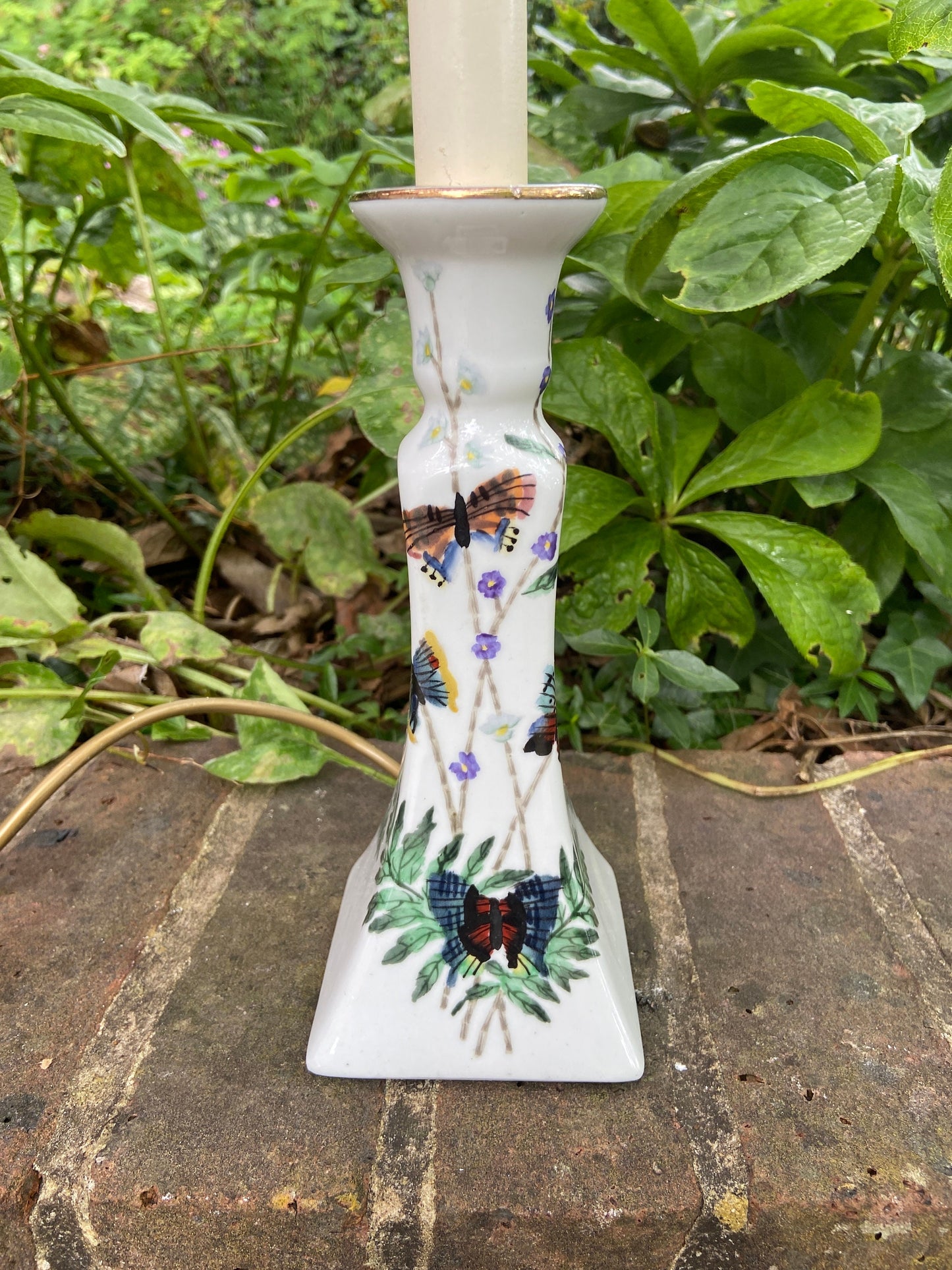 Vintage table lamp - handpainted tall candlestick style working table lamp - butterflies and plants