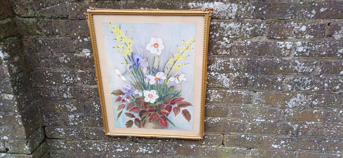 vintage water colour, watercolour painting. Flower still life. Spring flowers including daffodils, Iris. Framed in a glazed vintage gilt frame. Ornate gold frame.